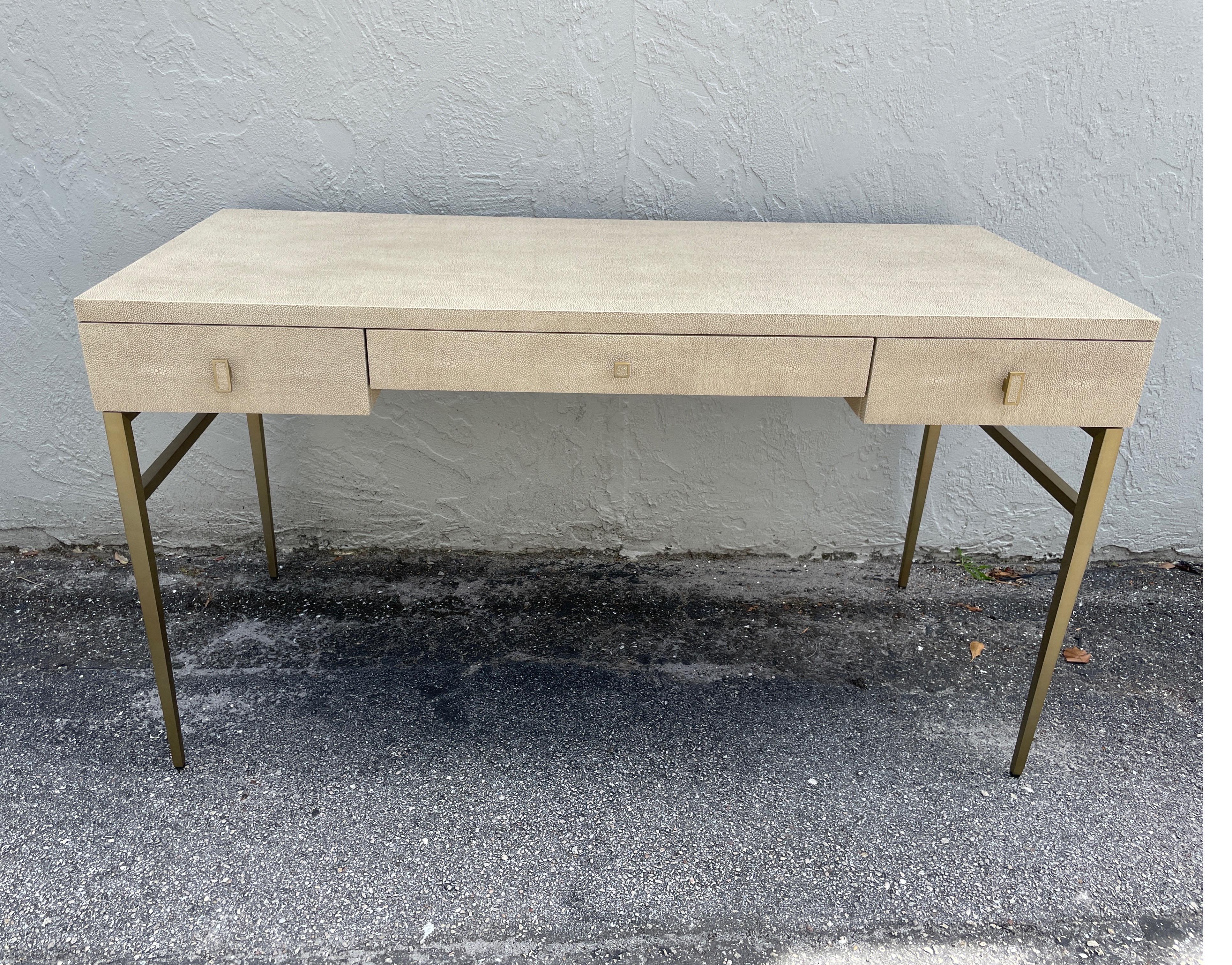 Contemporary Faux Shagreen desk on metal frame with three drawers by Mitchell Gold.