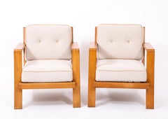 Faux Shearling René Gabriel Oak Armchairs, France, 1950's
