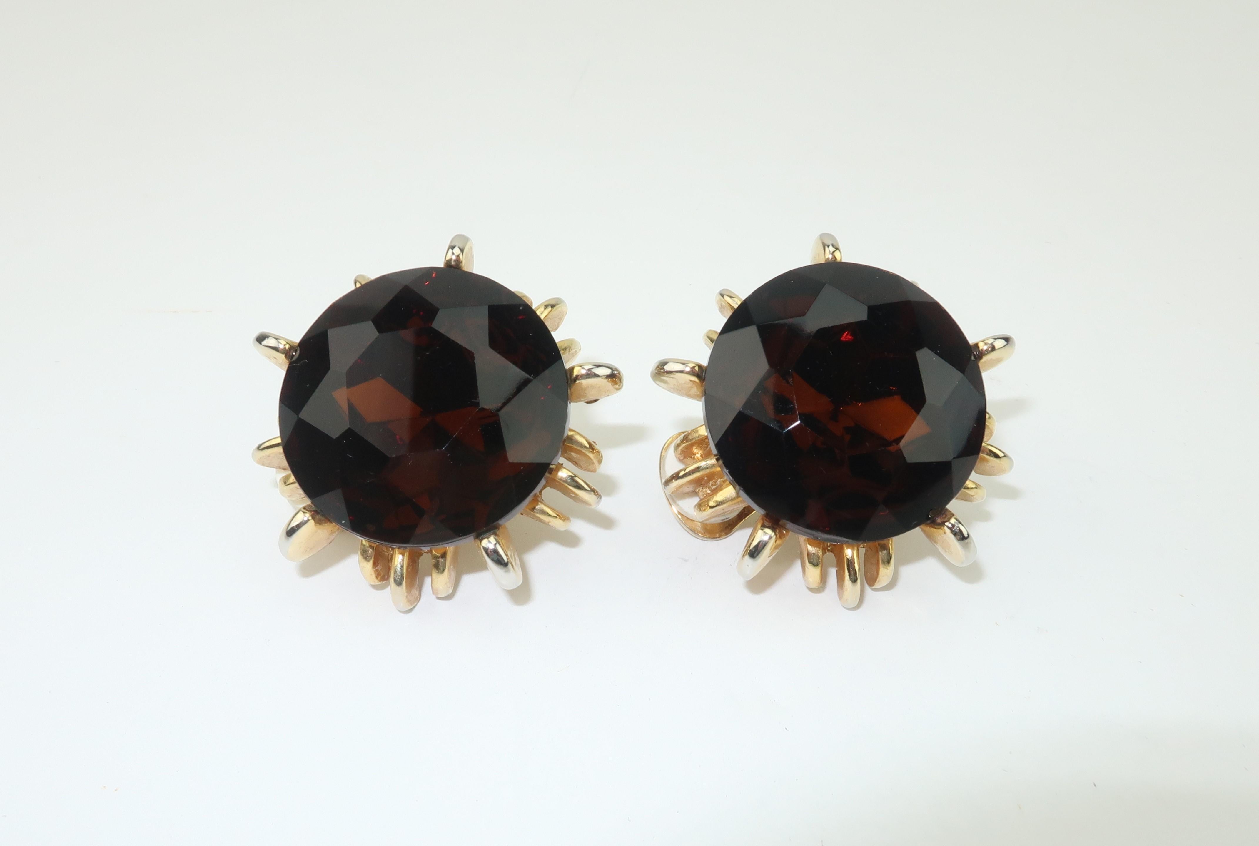 Faux Smoky Topaz Brutalist Clip On Earrings, 1980's 1