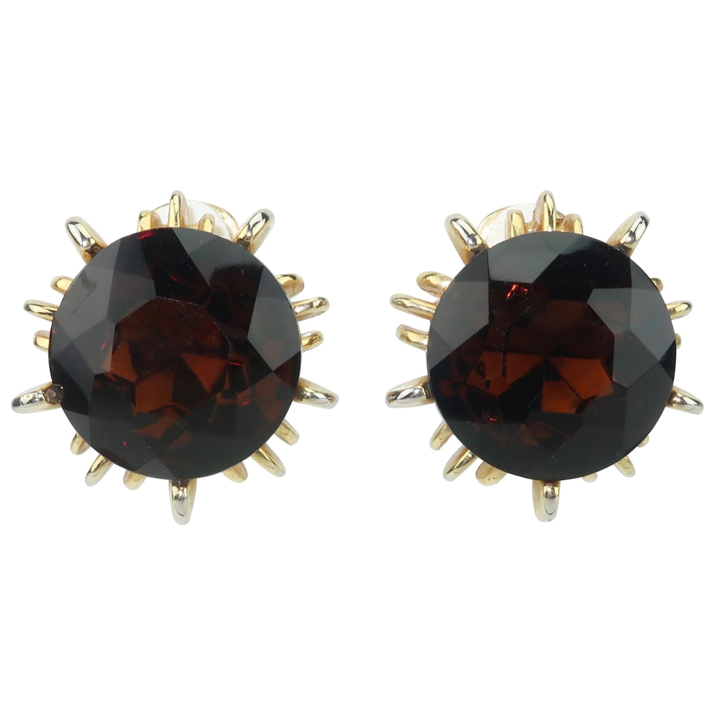 Faux Smoky Topaz Brutalist Clip On Earrings, 1980's