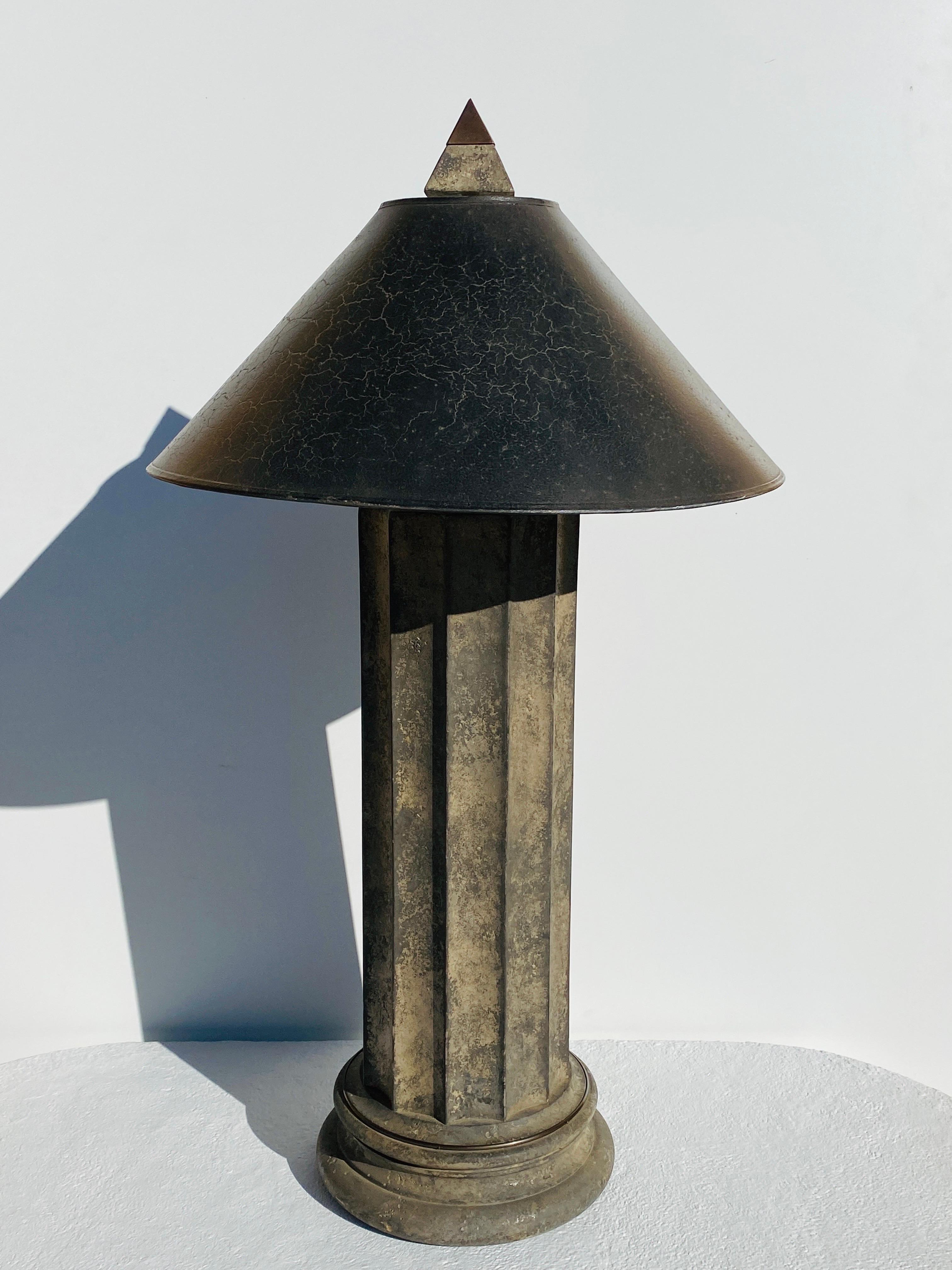 80’s Faux stone architectural doric column lamp with brass accents and crackle finish lampshade. Lampshade is 21.5
