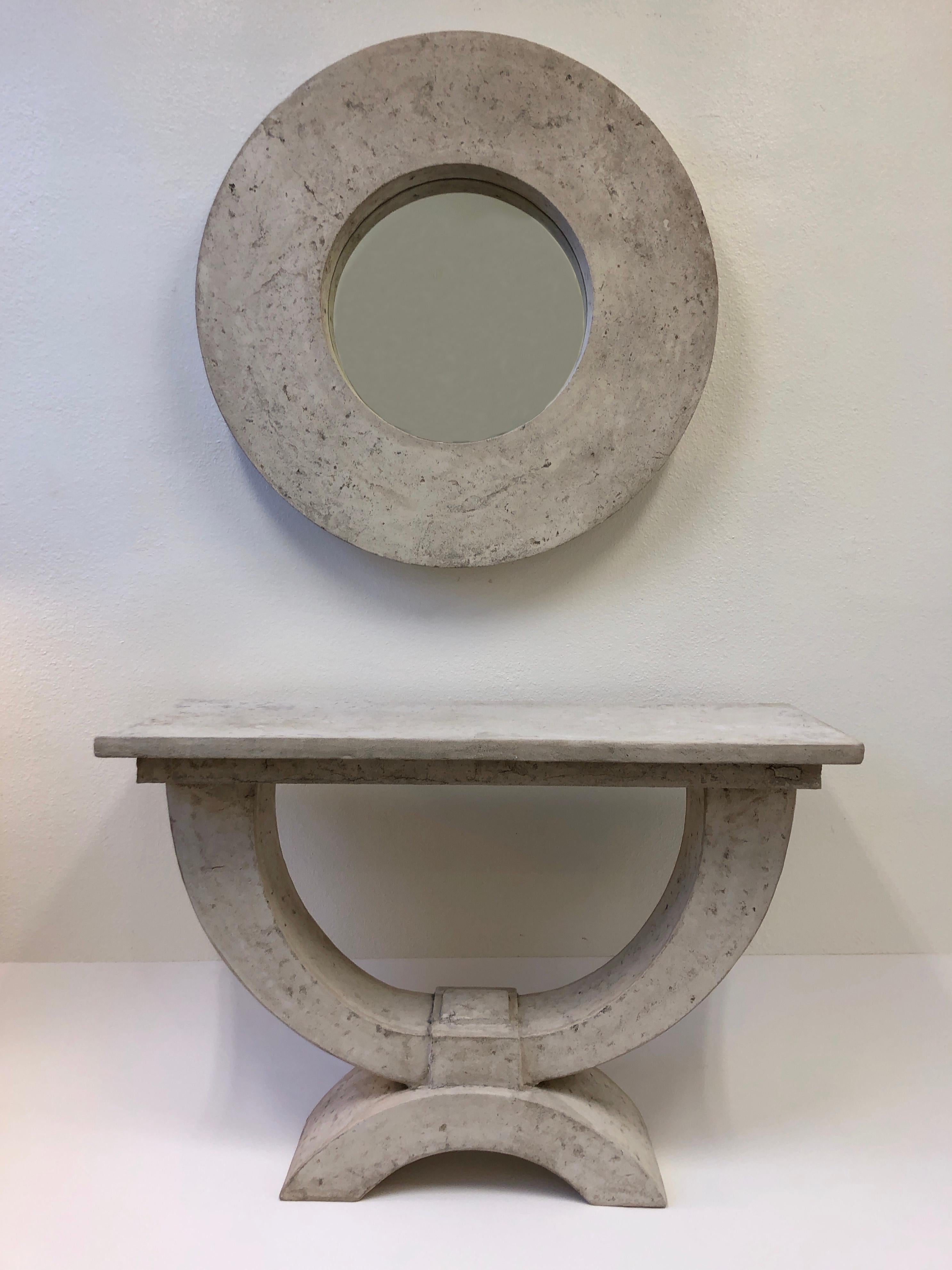 American Faux Stone Console Table and Mirror by Michael Taylor  For Sale