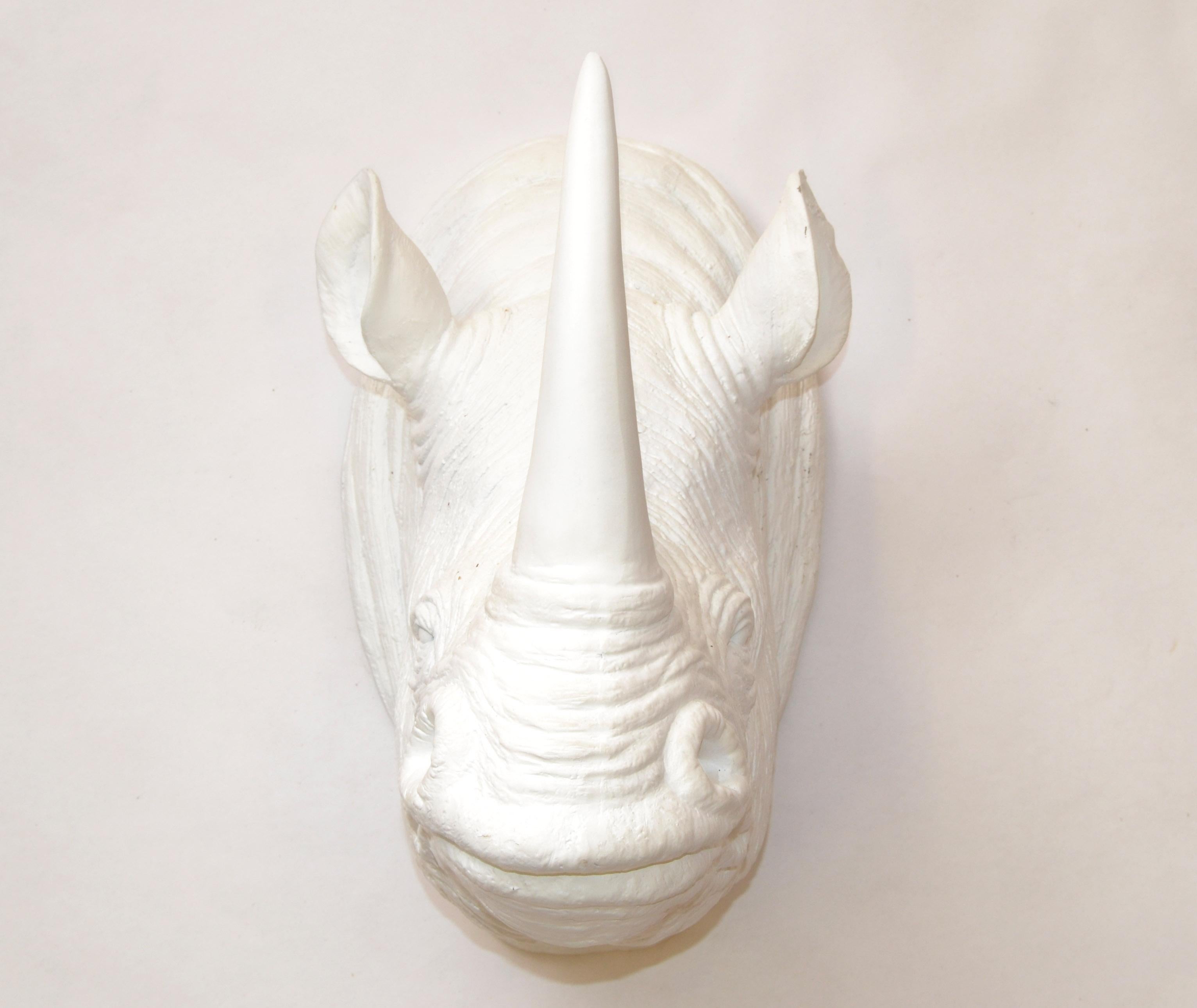 Resin  Faux Taxidermy White Trophy Wall Mounted Rhino Head Animal Sculpture Fine Art For Sale