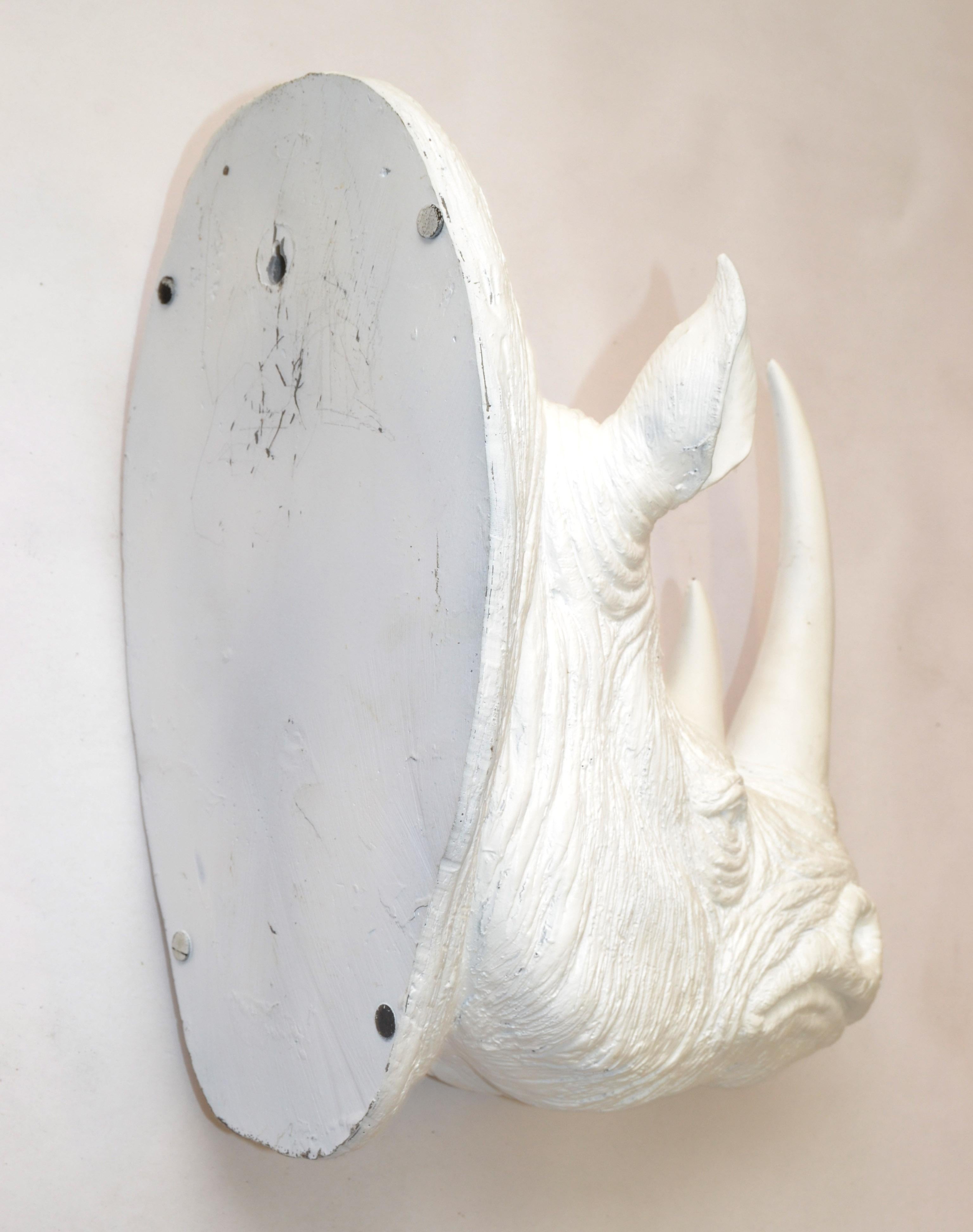  Faux Taxidermy White Trophy Wall Mounted Rhino Head Animal Sculpture Fine Art For Sale 1