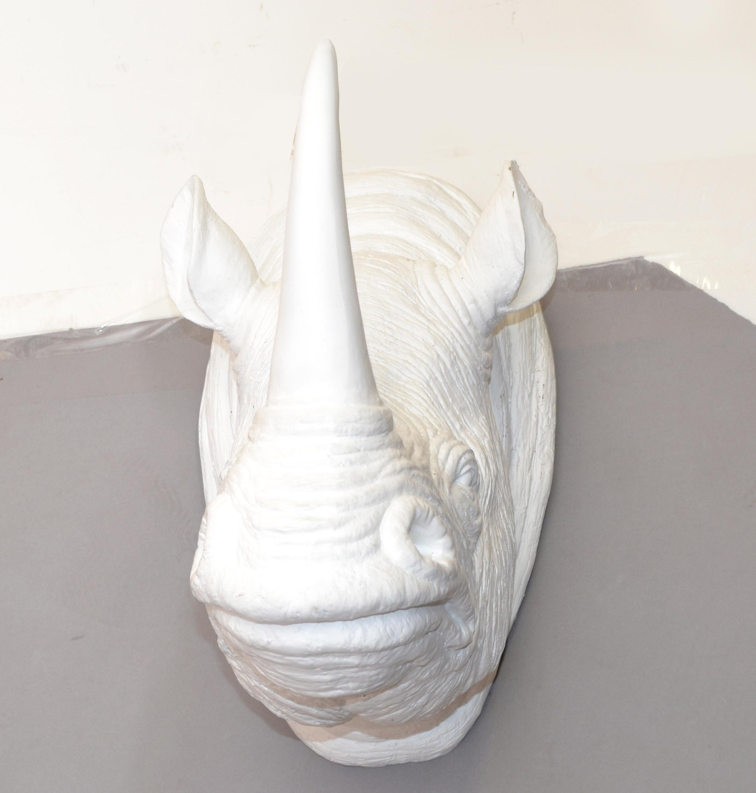 Hollywood Regency  Faux Taxidermy White Trophy Wall Mounted Rhino Head Animal Sculpture Fine Art For Sale