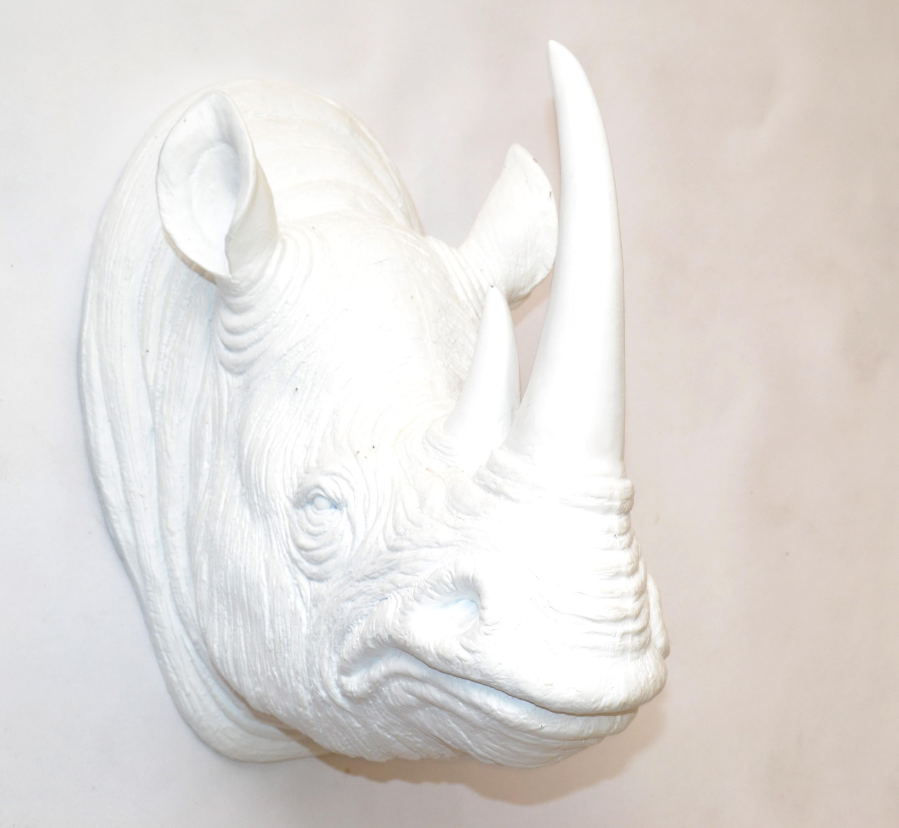 American  Faux Taxidermy White Trophy Wall Mounted Rhino Head Animal Sculpture Fine Art For Sale