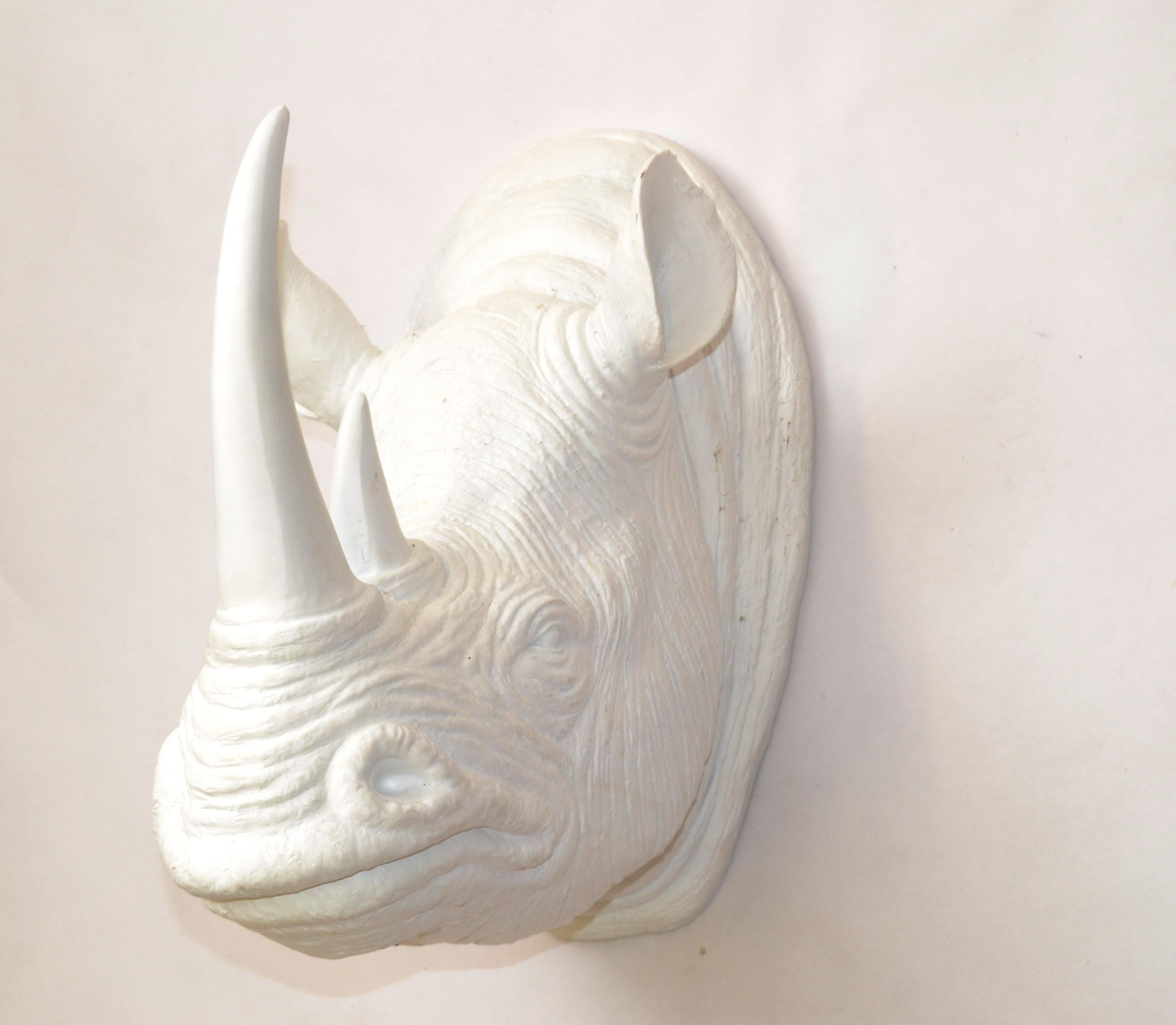 Painted  Faux Taxidermy White Trophy Wall Mounted Rhino Head Animal Sculpture Fine Art For Sale