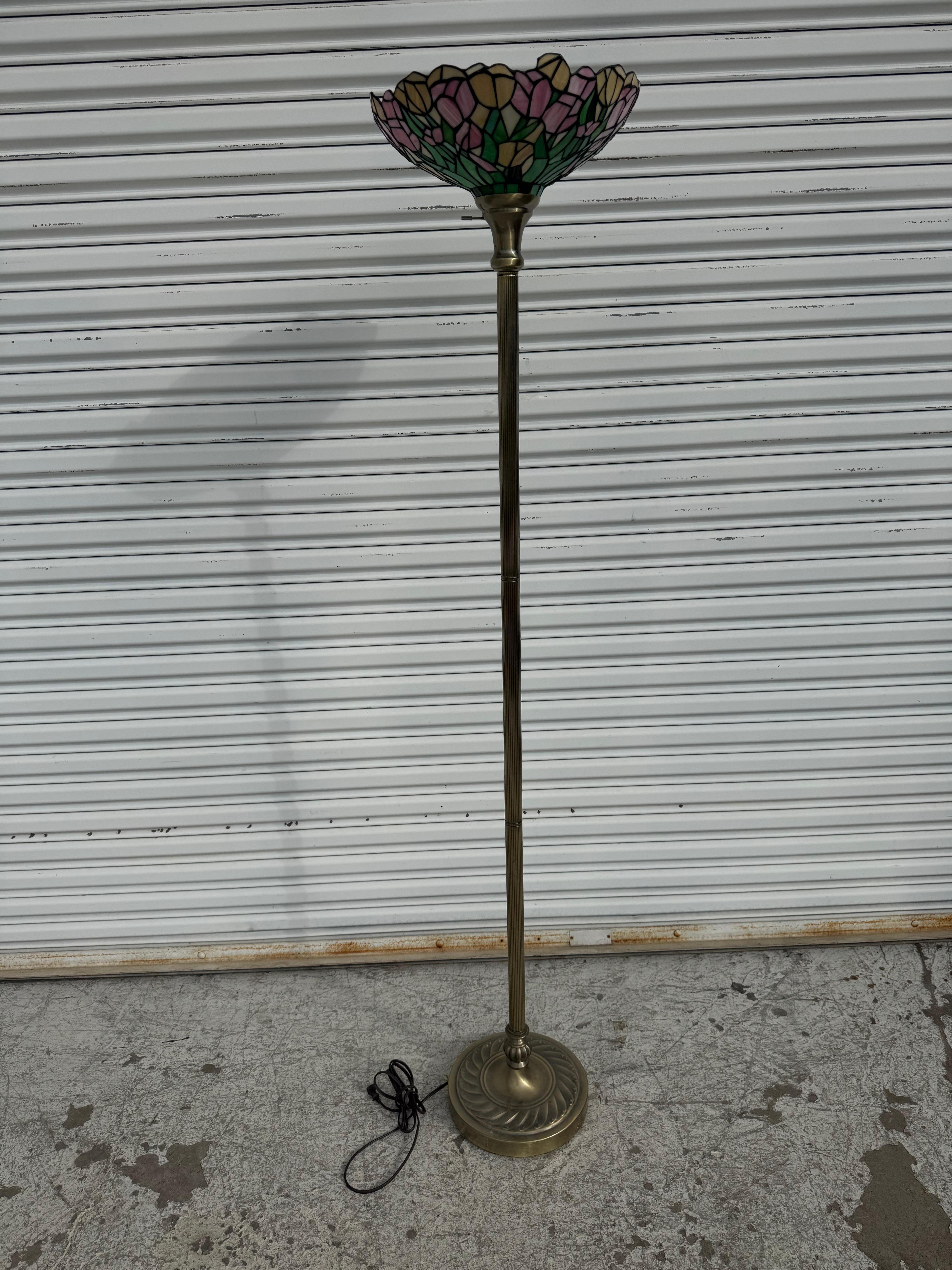 American Faux Tiffany Shade Brass Base Floor Lamp For Sale