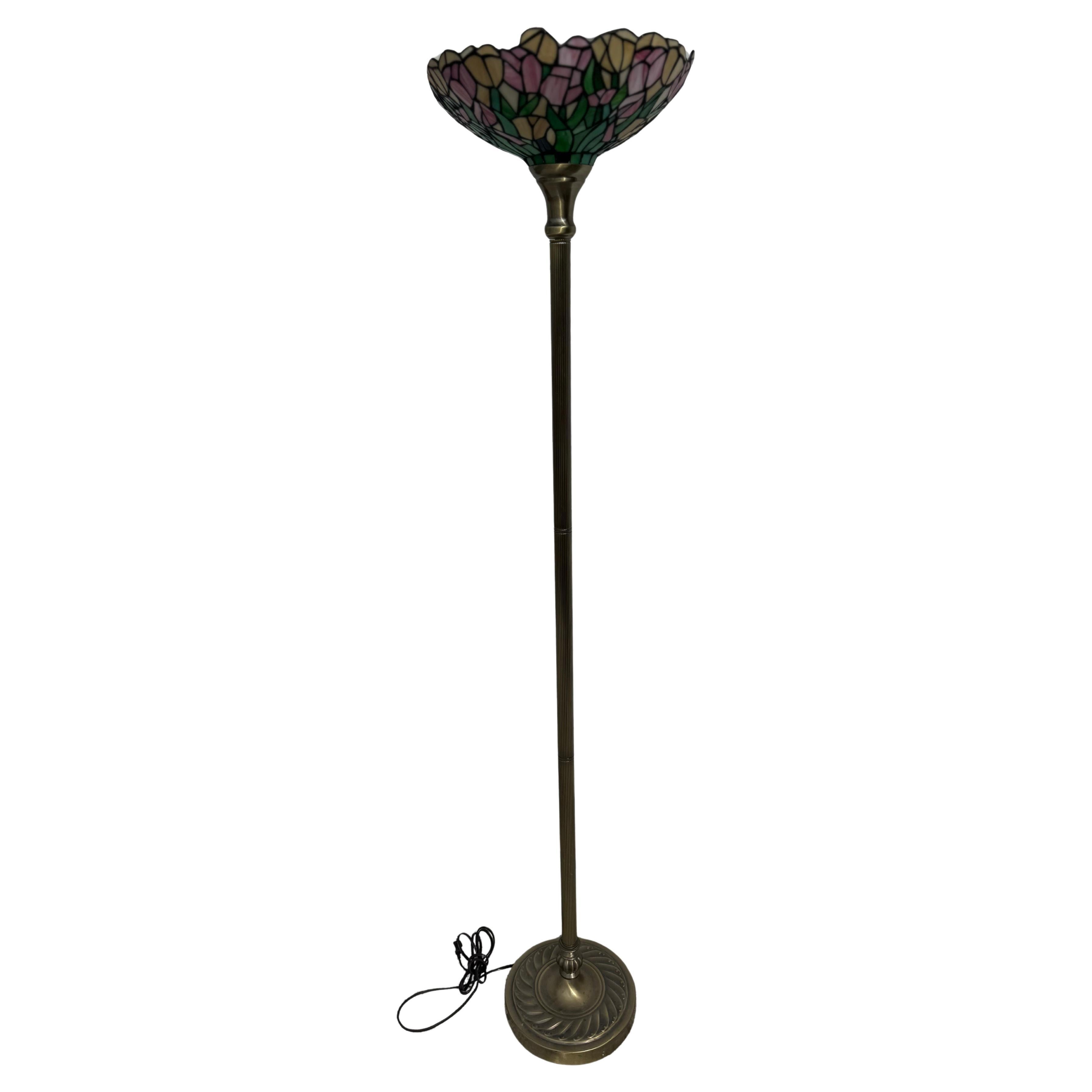 Faux Tiffany Shade Brass Base Floor Lamp For Sale