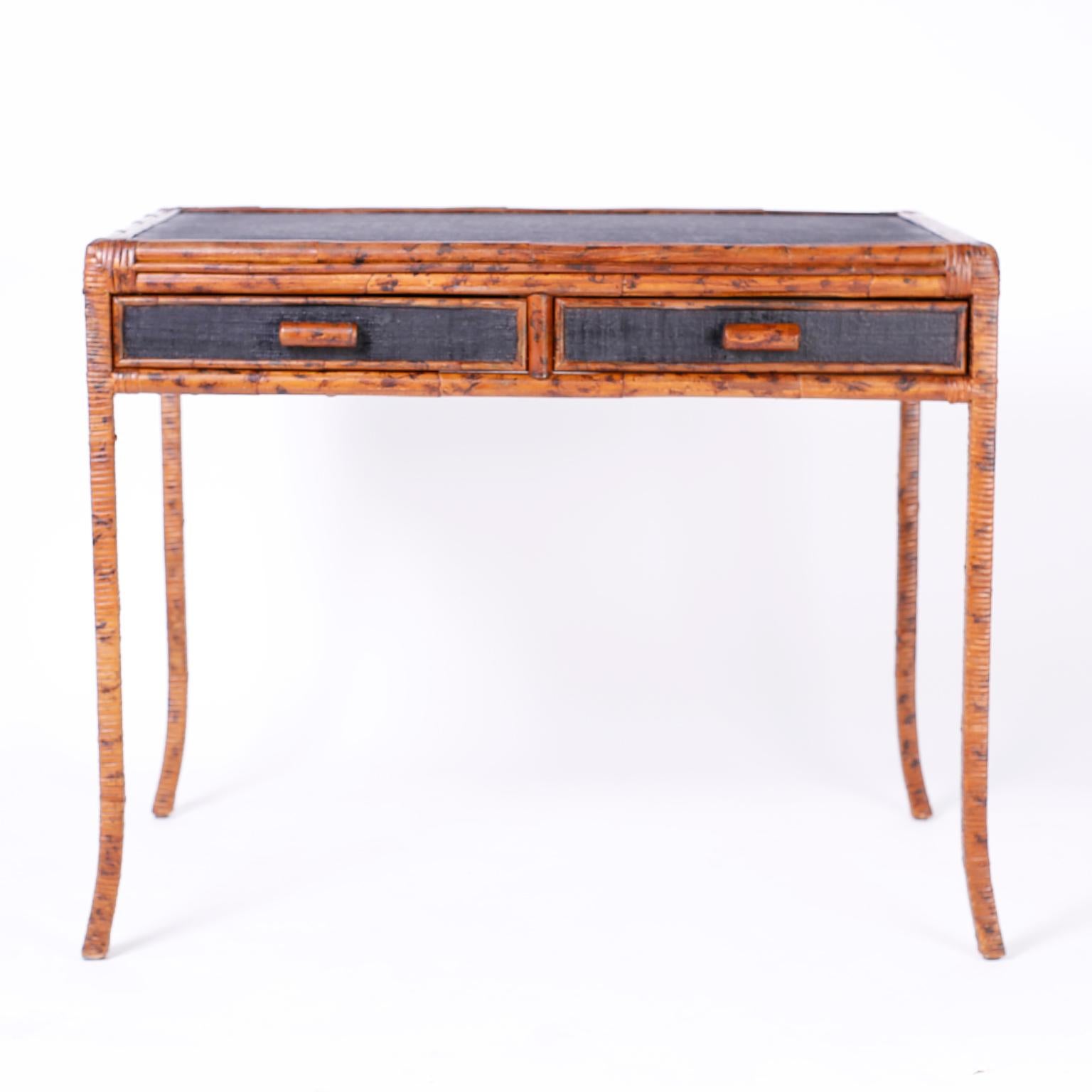 British Colonial Faux Tortoise and Grass Cloth Desk or Writing Table