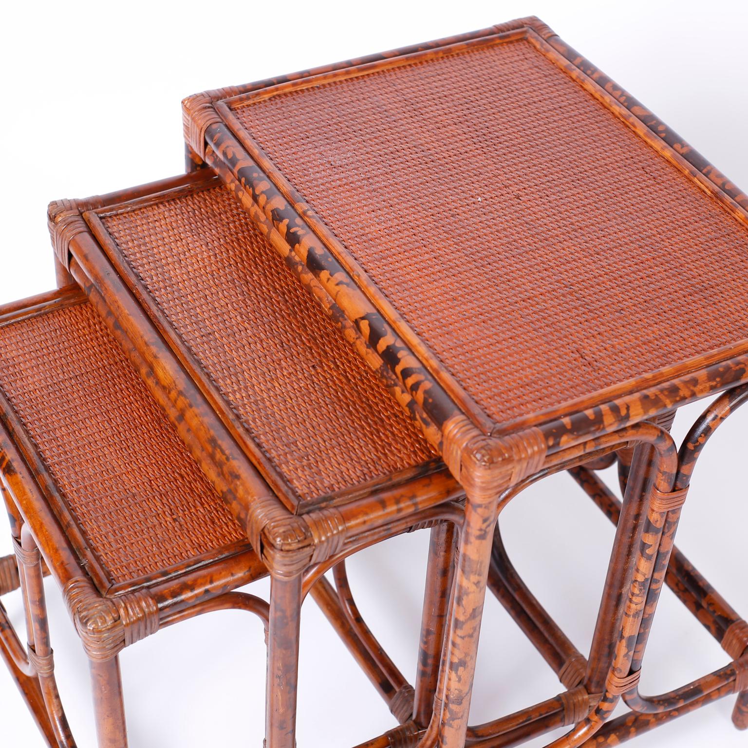 British Colonial Faux Tortoise and Wicker Nest of Tables