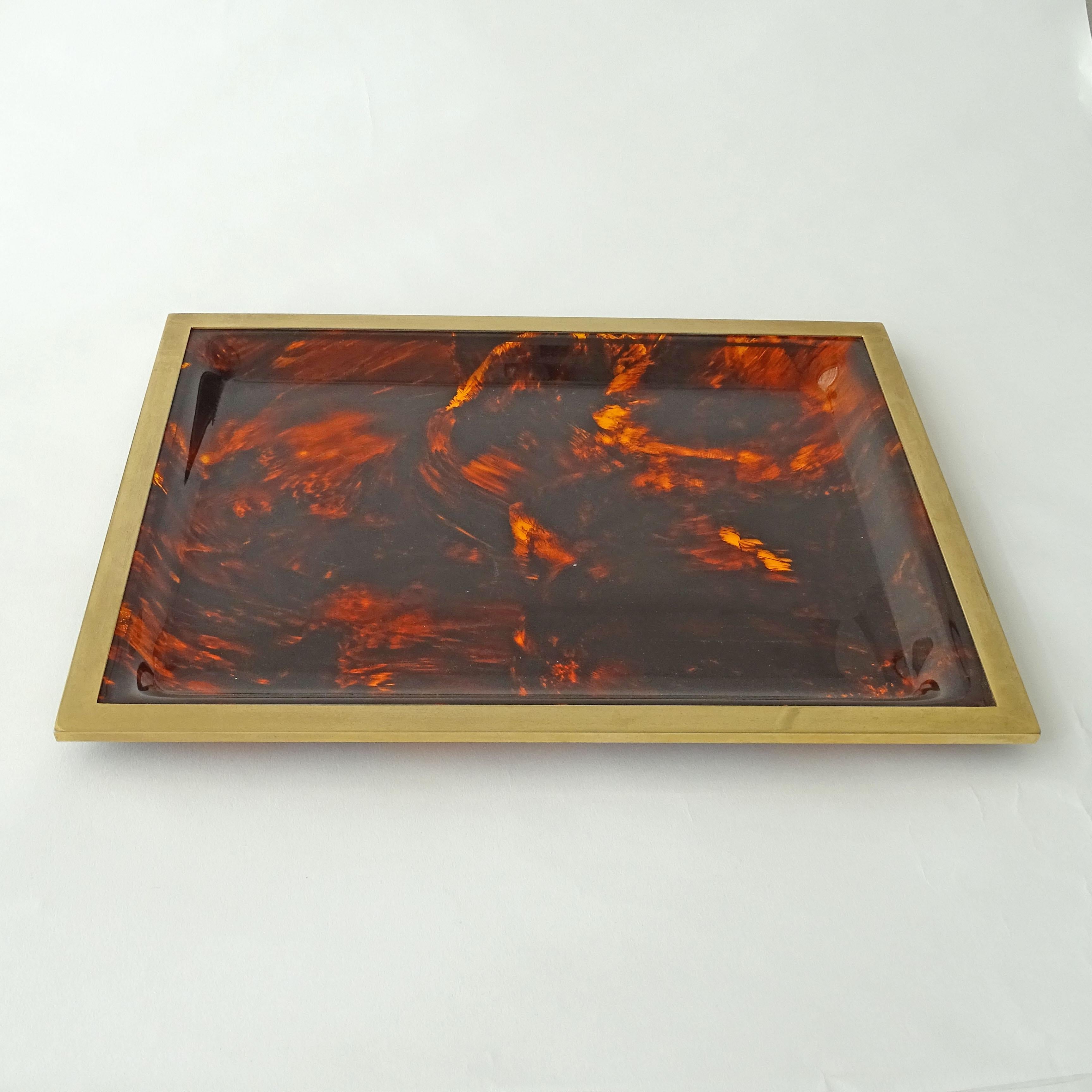 Italian Faux Tortoise Lucite and Brass Serving Tray, Italy 1970s For Sale
