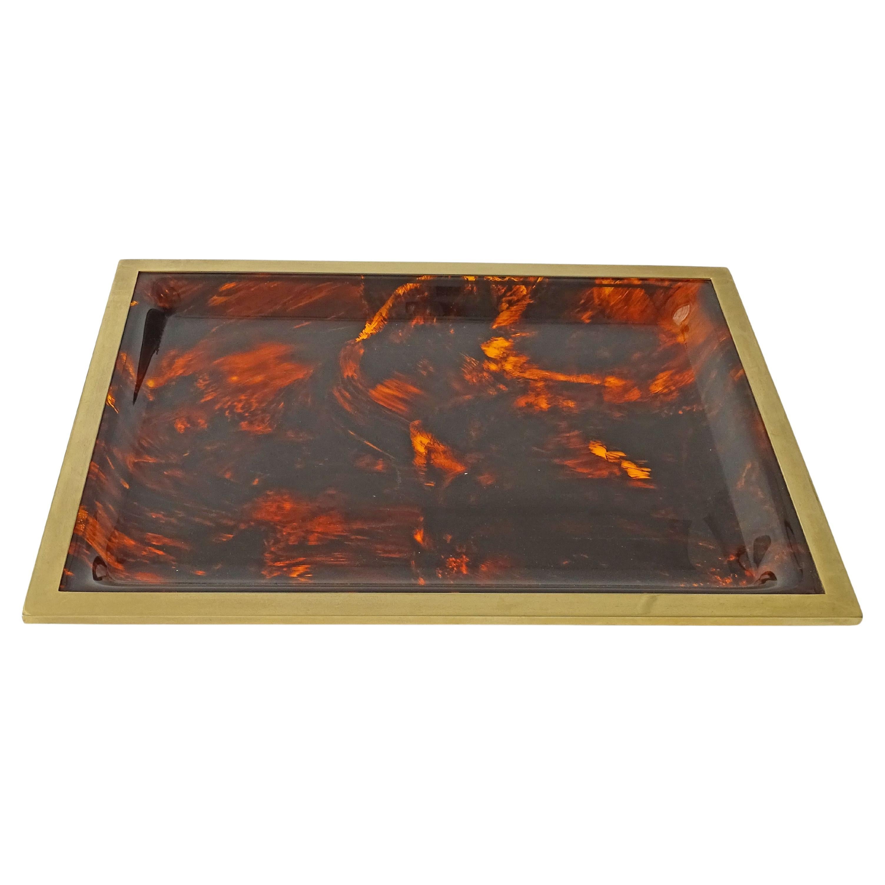 Faux Tortoise Lucite and Brass Serving Tray, Italy 1970s For Sale