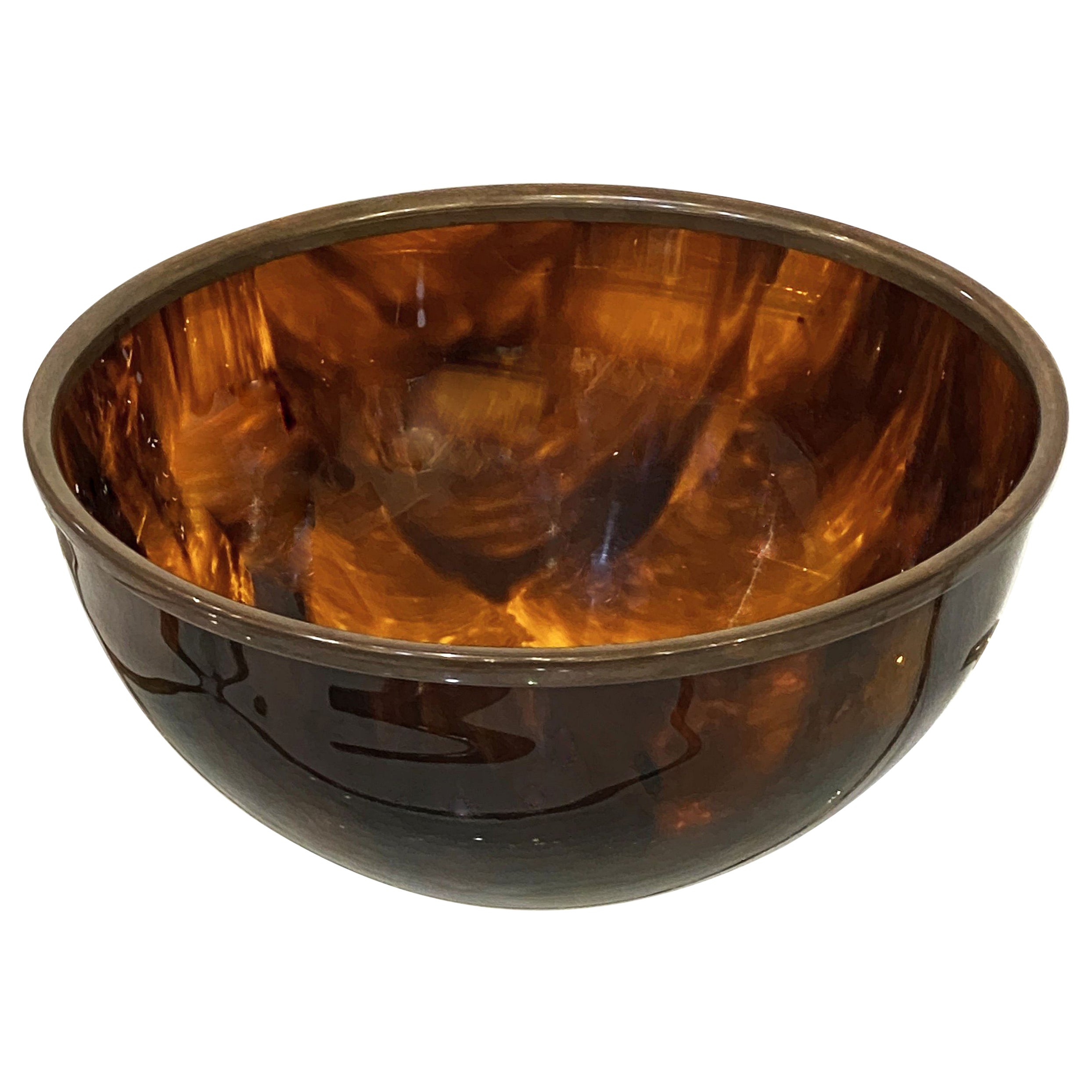 Faux Tortoise Lucite Round Bowl with Brass Edge from France (Diameter 11)