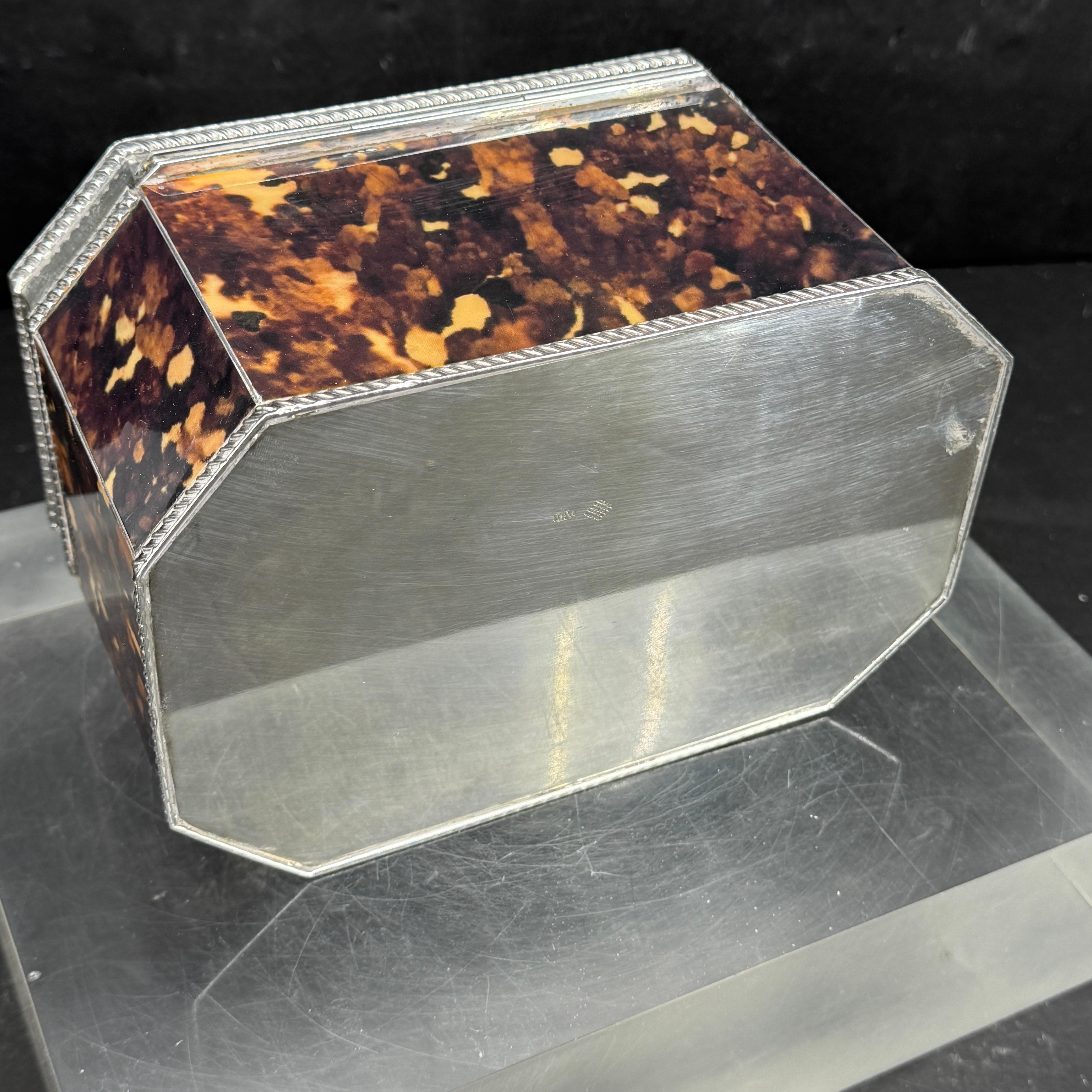 Faux Tortoise Shell and Silver-Plated Tea Caddy Trinket Box For Sale 4