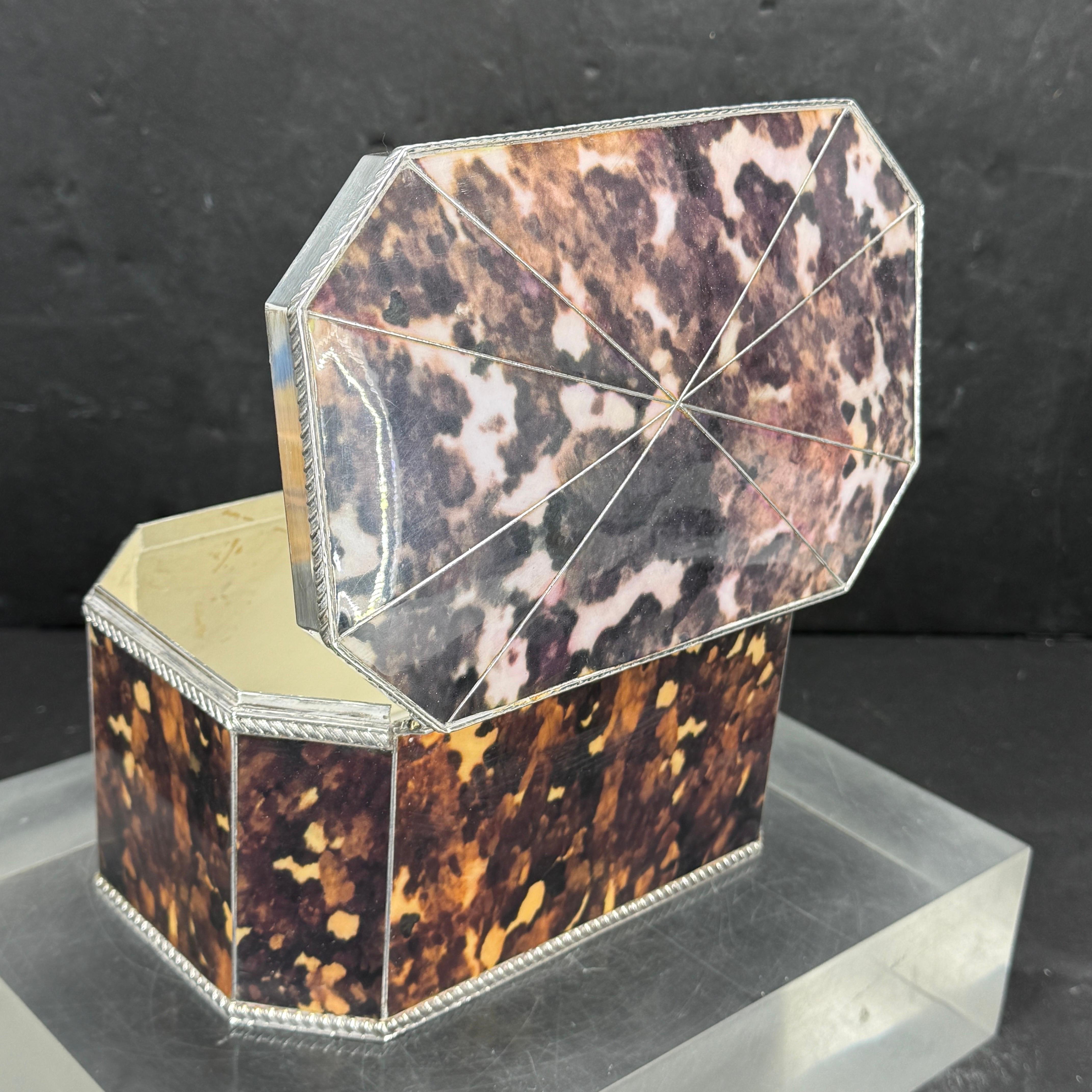 Faux Tortoise Shell and Silver-Plated Tea Caddy Trinket Box For Sale 5