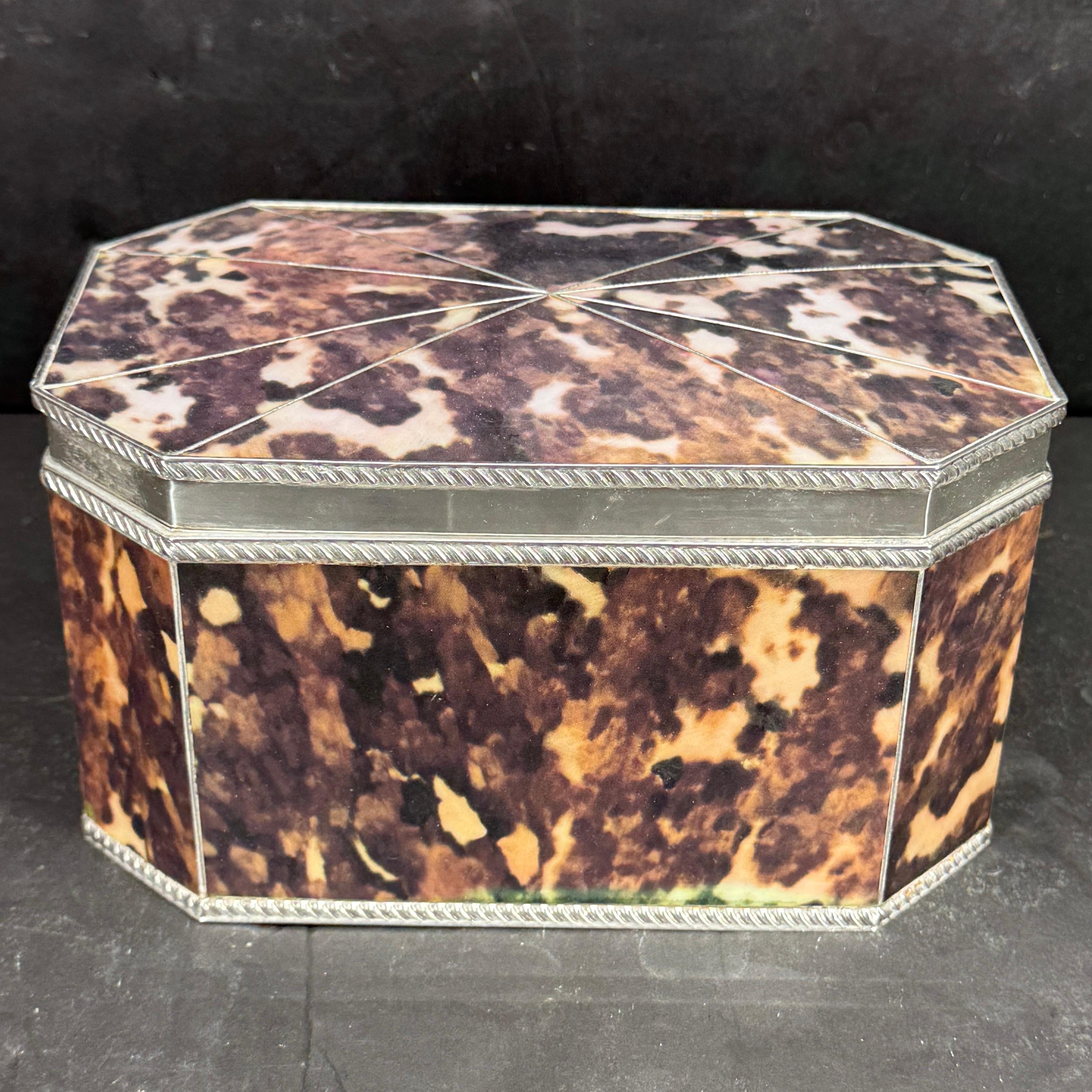 Faux Tortoise Shell and Silver-Plated Tea Caddy Trinket Box For Sale 7