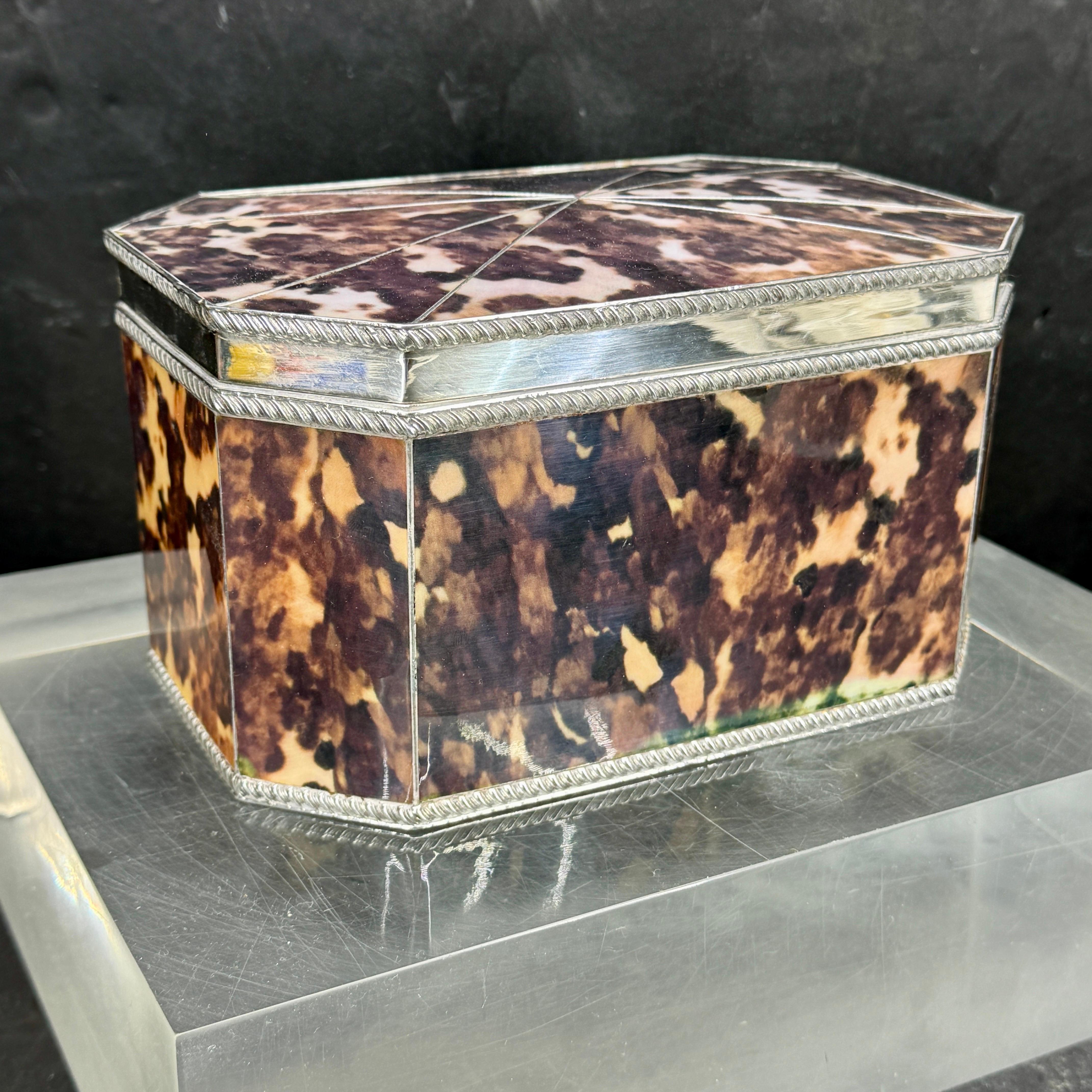 European faux tortoiseshell tea caddy box with silver-plated surround as well as interior. Versatile piece that could also hold treasures such as jewelry or collectibles. Could also stand alone on a coffee or side table. The condition of the box is
