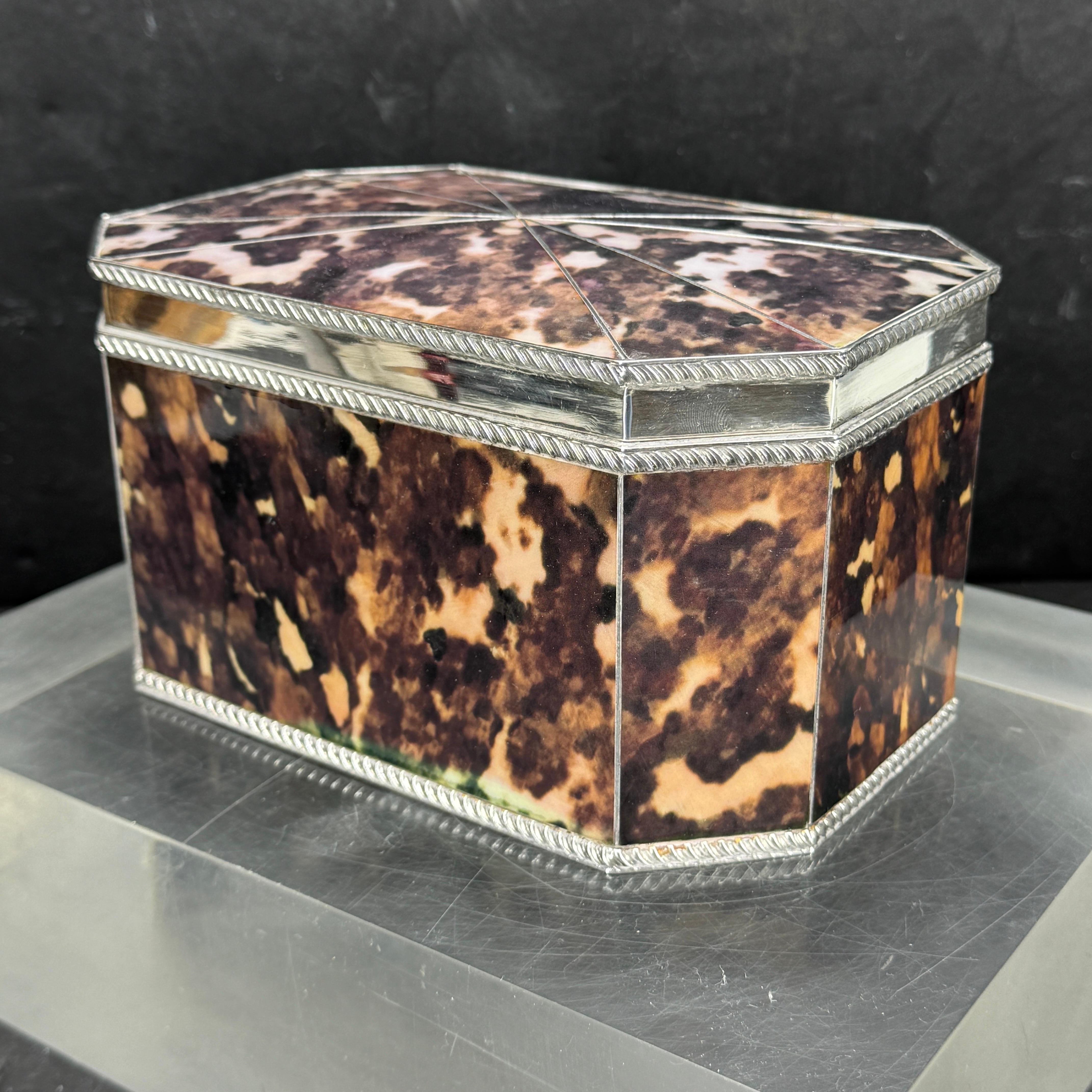 Victorian Faux Tortoise Shell and Silver-Plated Tea Caddy Trinket Box For Sale