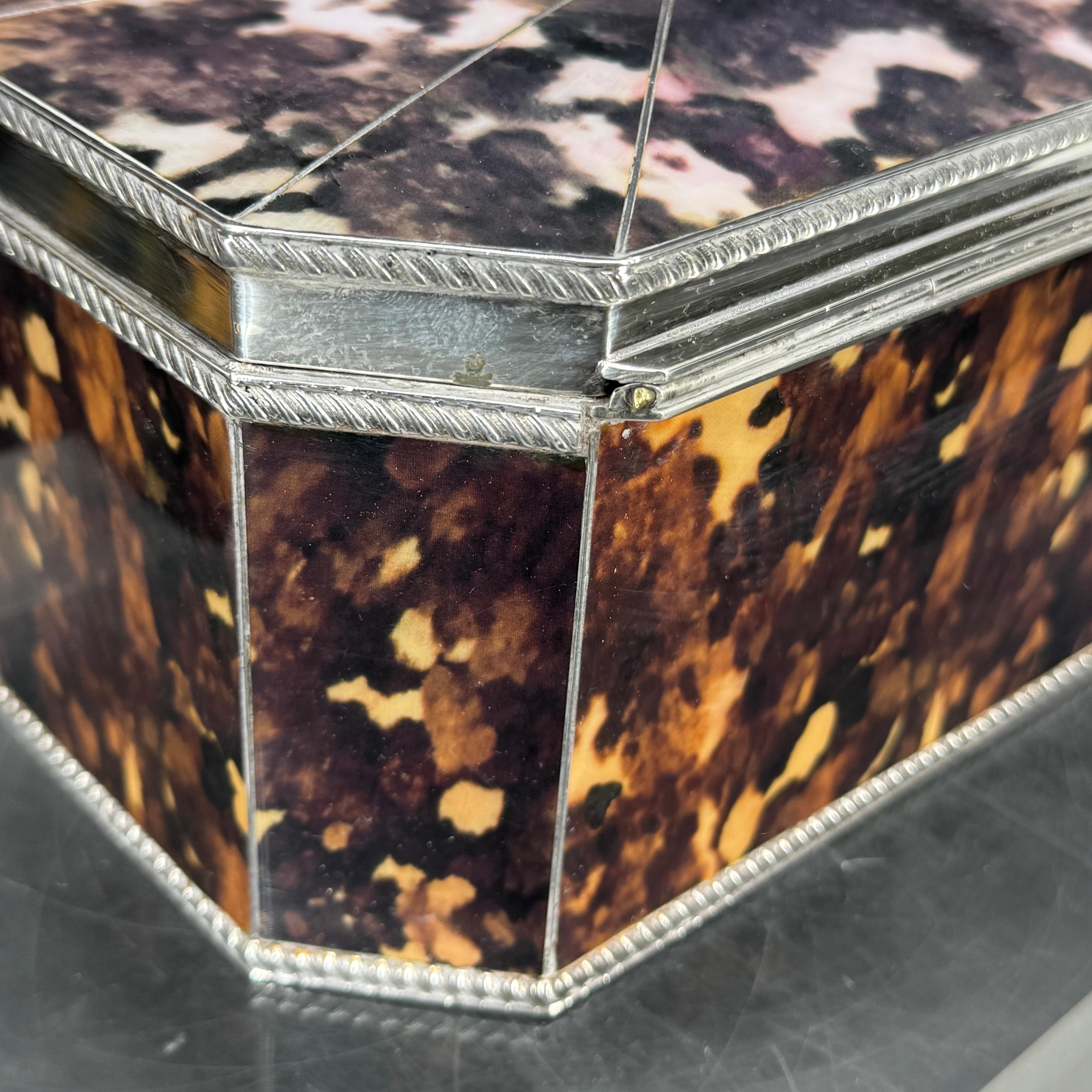 English Faux Tortoise Shell and Silver-Plated Tea Caddy Trinket Box For Sale