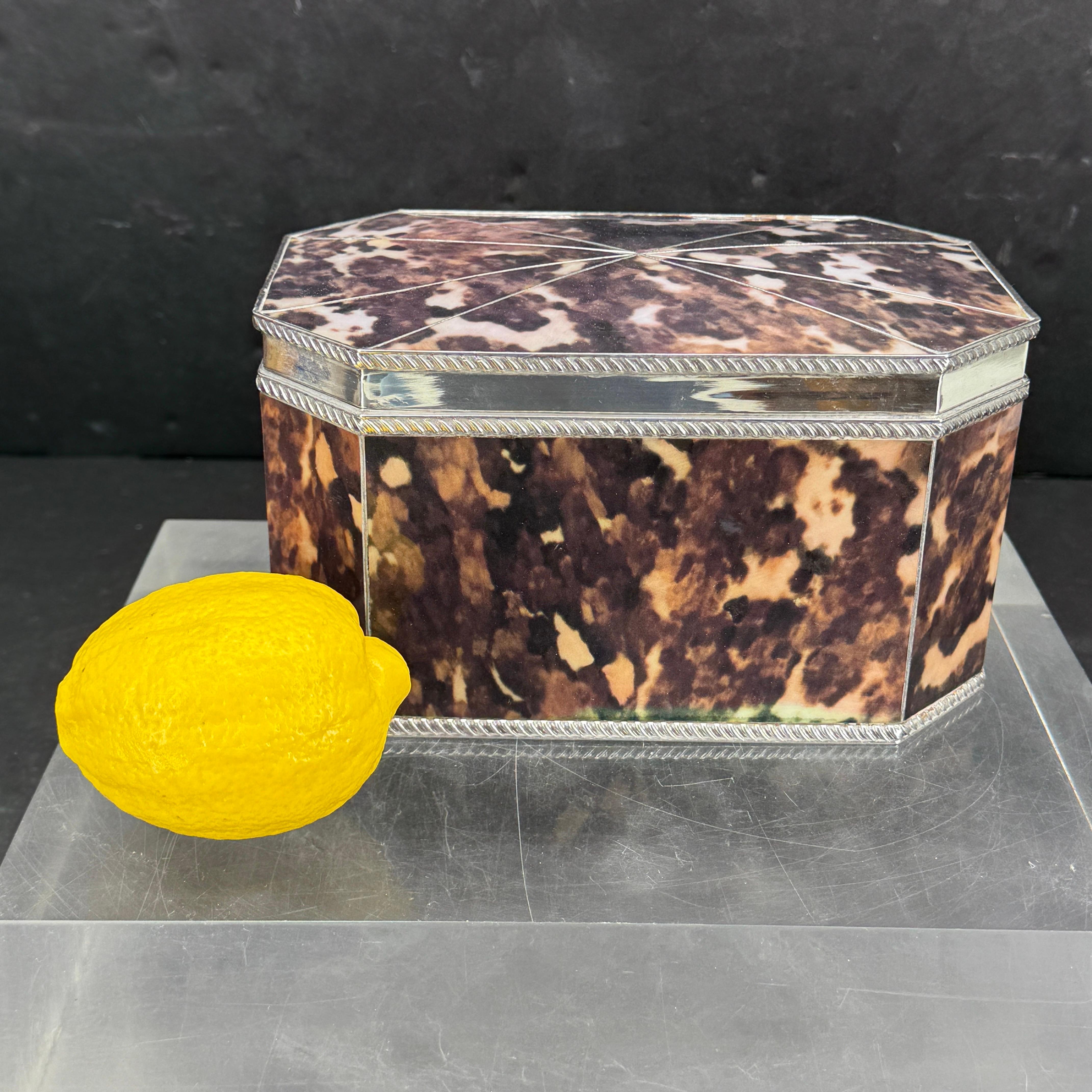 Hand-Crafted Faux Tortoise Shell and Silver-Plated Tea Caddy Trinket Box For Sale