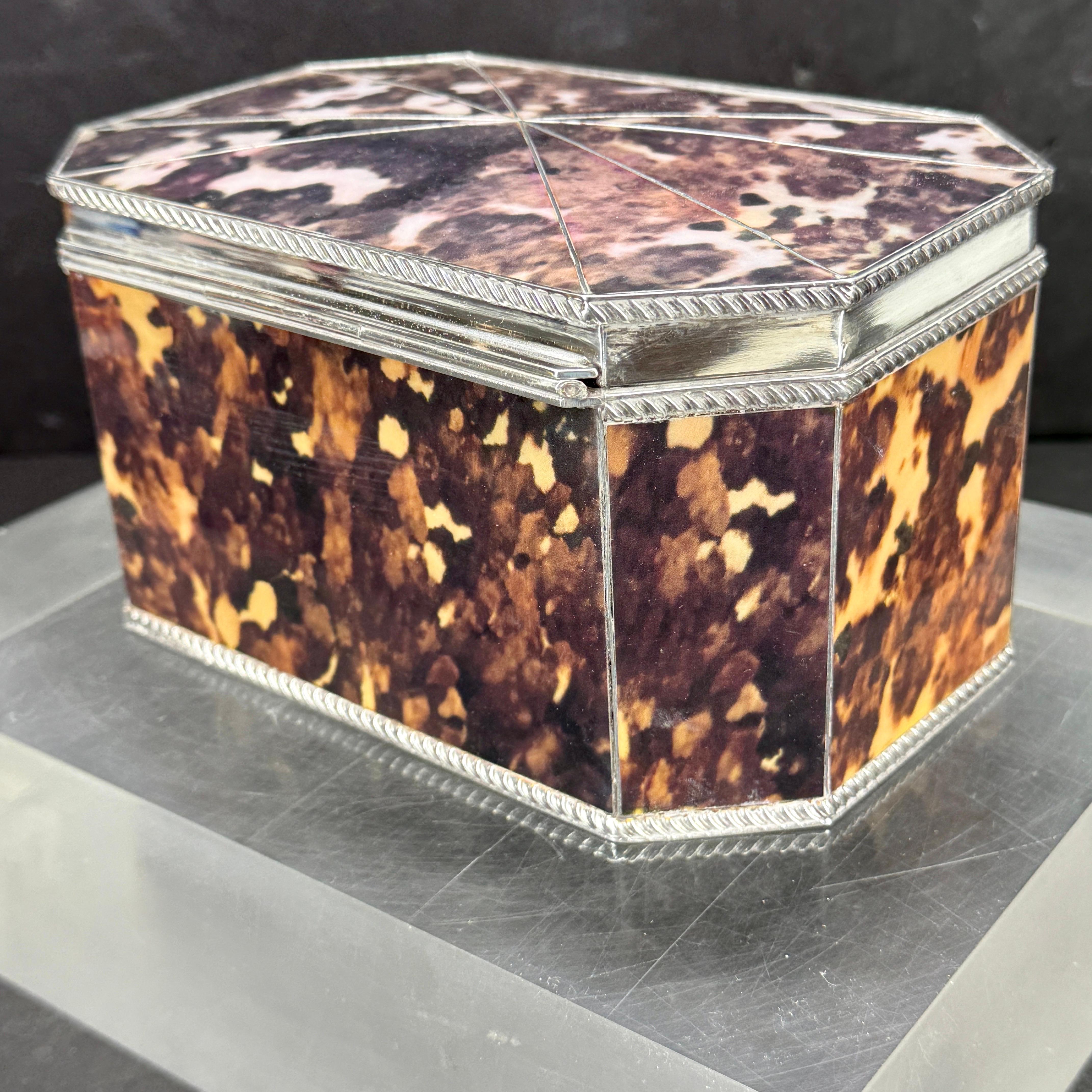 20th Century Faux Tortoise Shell and Silver-Plated Tea Caddy Trinket Box For Sale