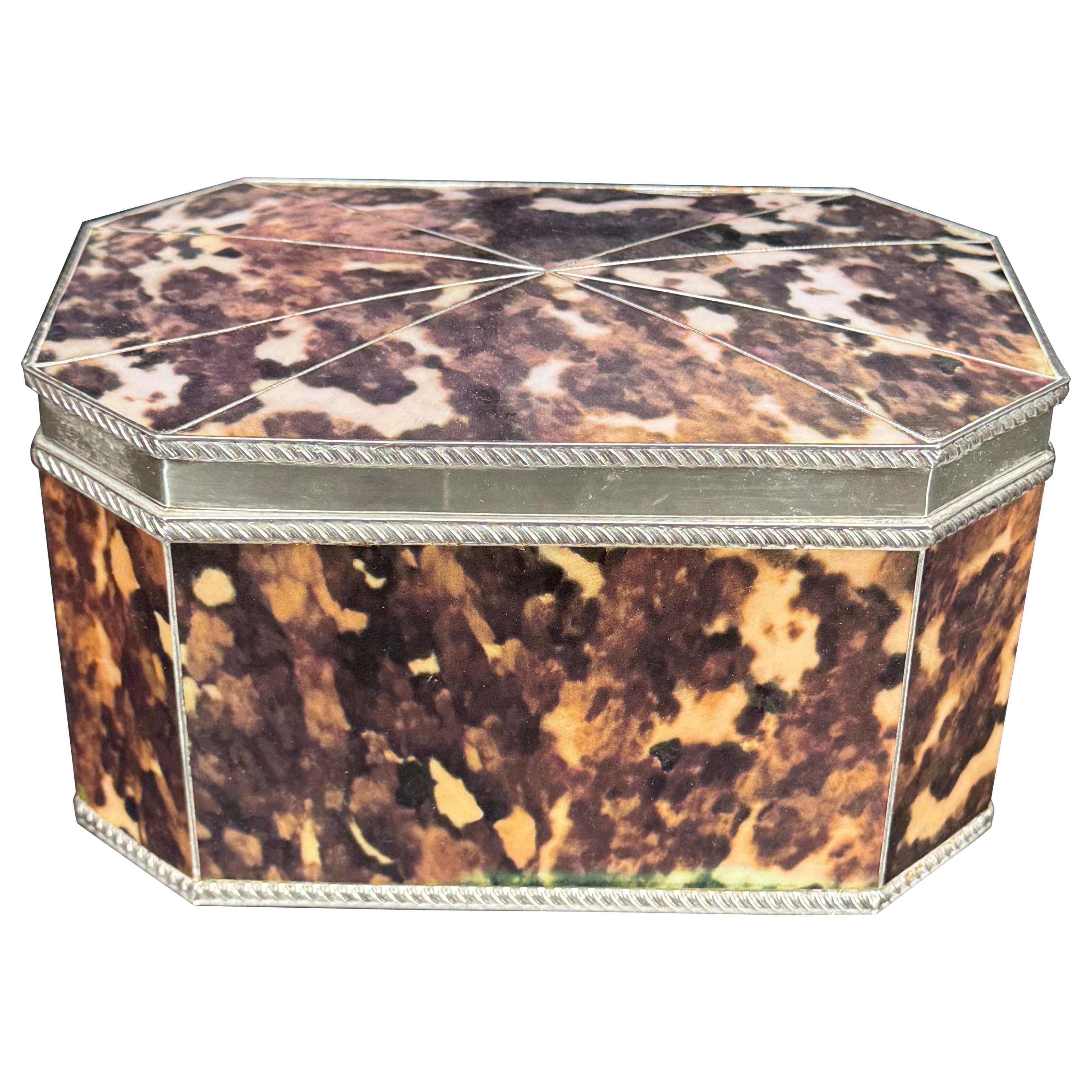 Faux Tortoise Shell and Silver-Plated Tea Caddy Trinket Box