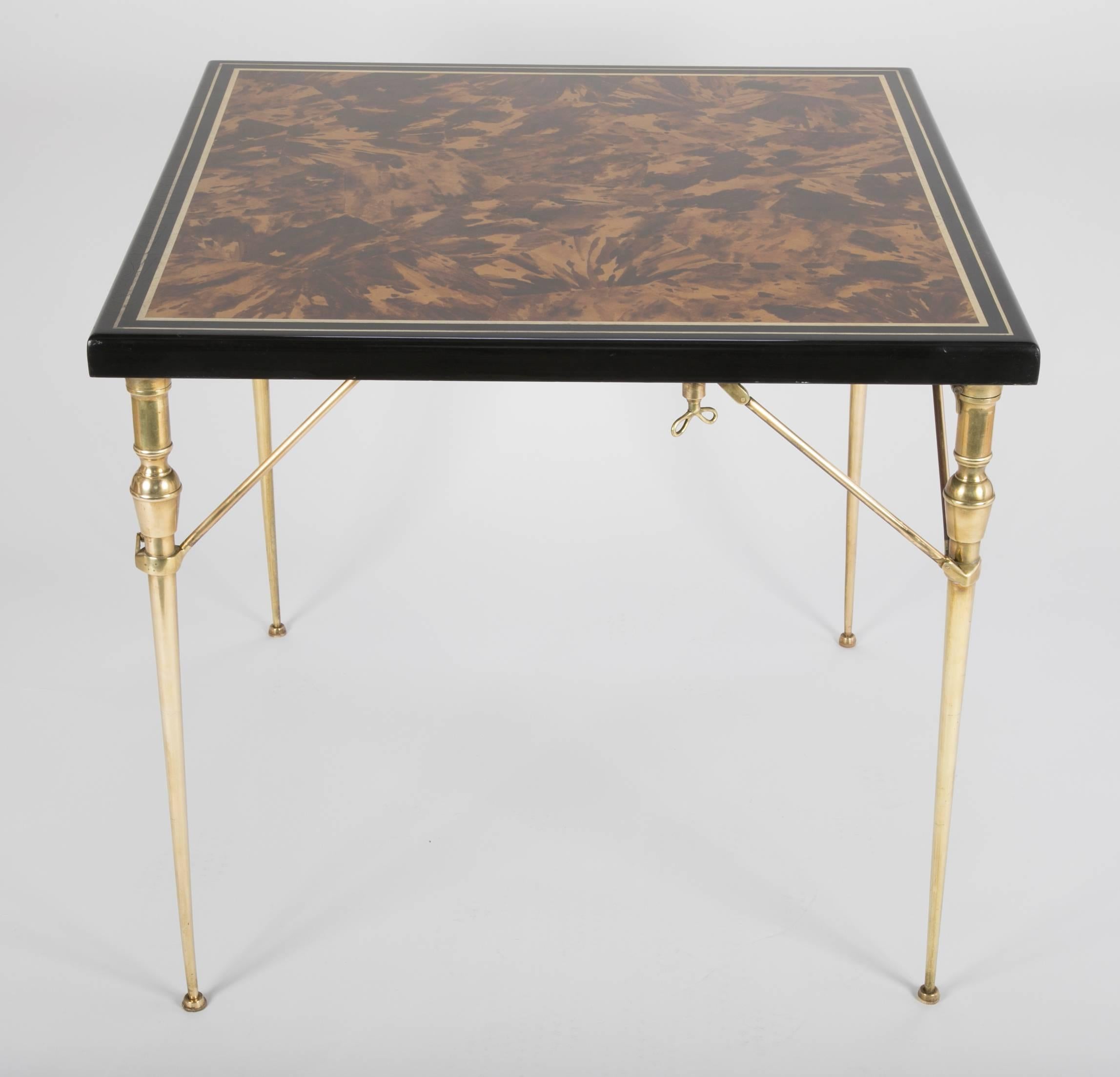 Mid-Century Modern Faux Tortoise Shell Black Lacquer and Gilt Games Table with Bronze Folding Legs