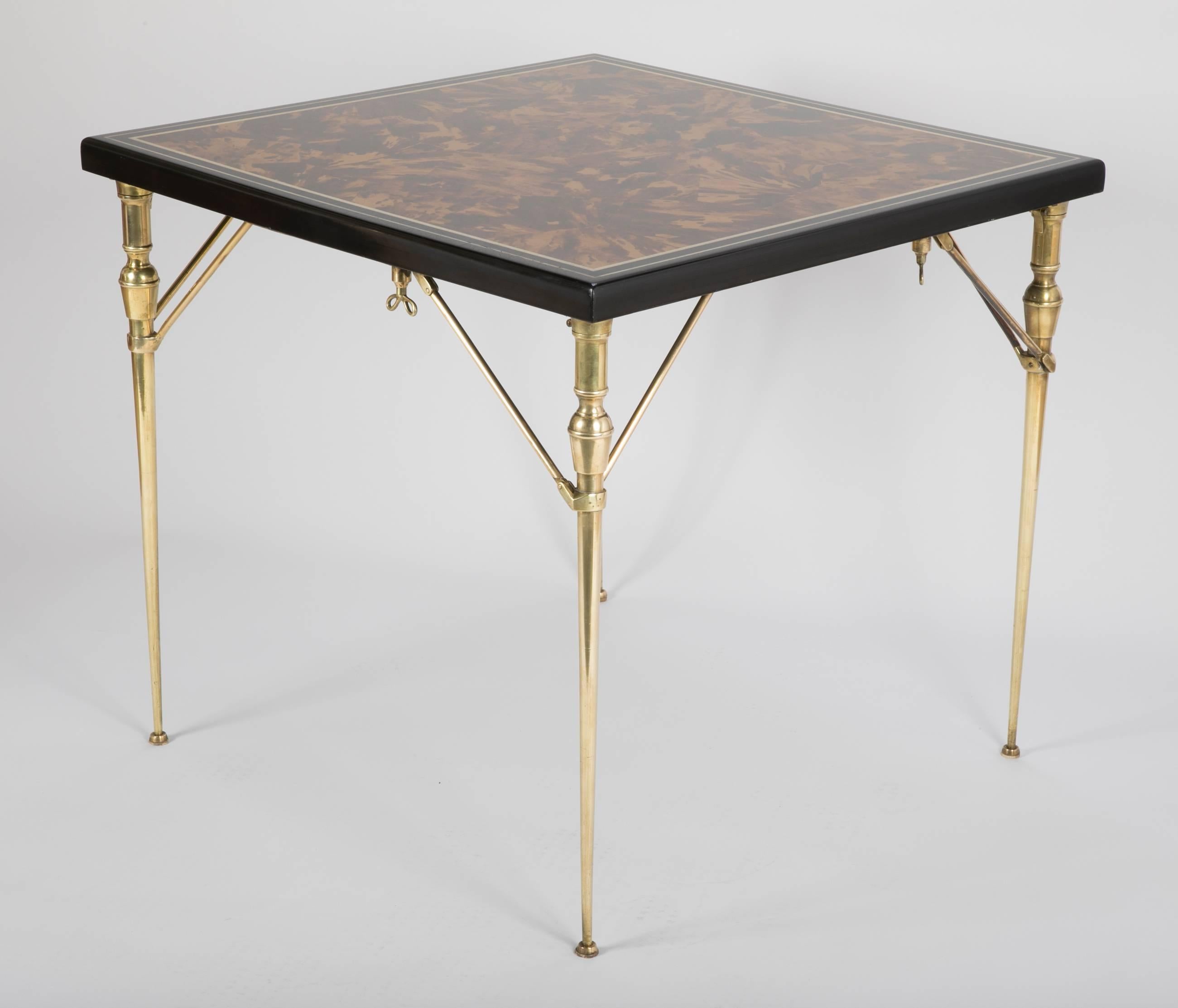 Faux Tortoise Shell Black Lacquer and Gilt Games Table with Bronze Folding Legs 1
