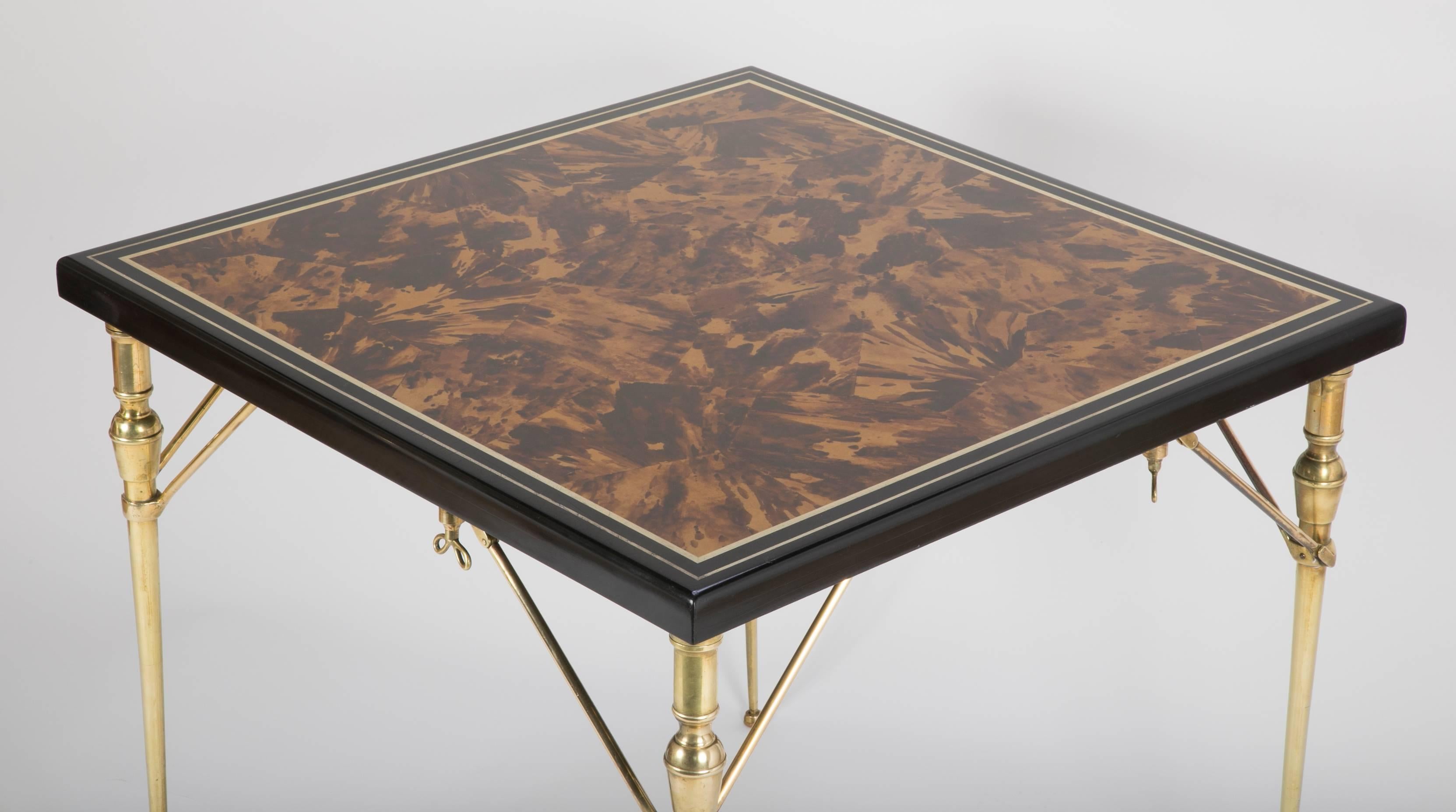 Faux Tortoise Shell Black Lacquer and Gilt Games Table with Bronze Folding Legs 2