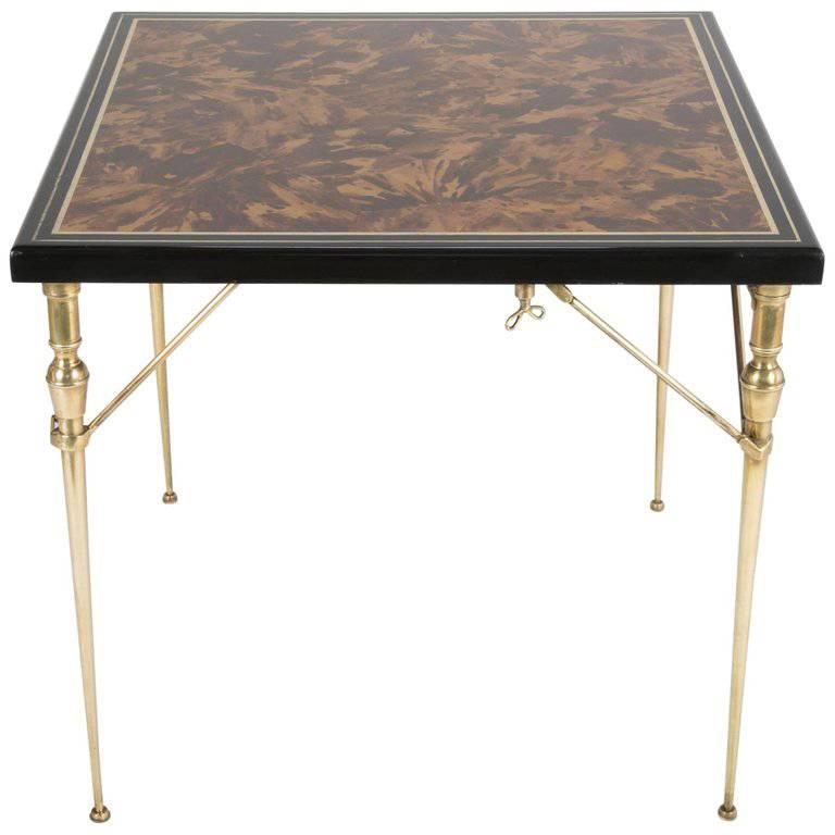 Faux Tortoise Shell Black Lacquer and Gilt Games Table with Bronze Folding Legs