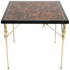 Retro Faux Tortoise Shell Black Lacquer and Gilt Games Table with Bronze Folding Legs