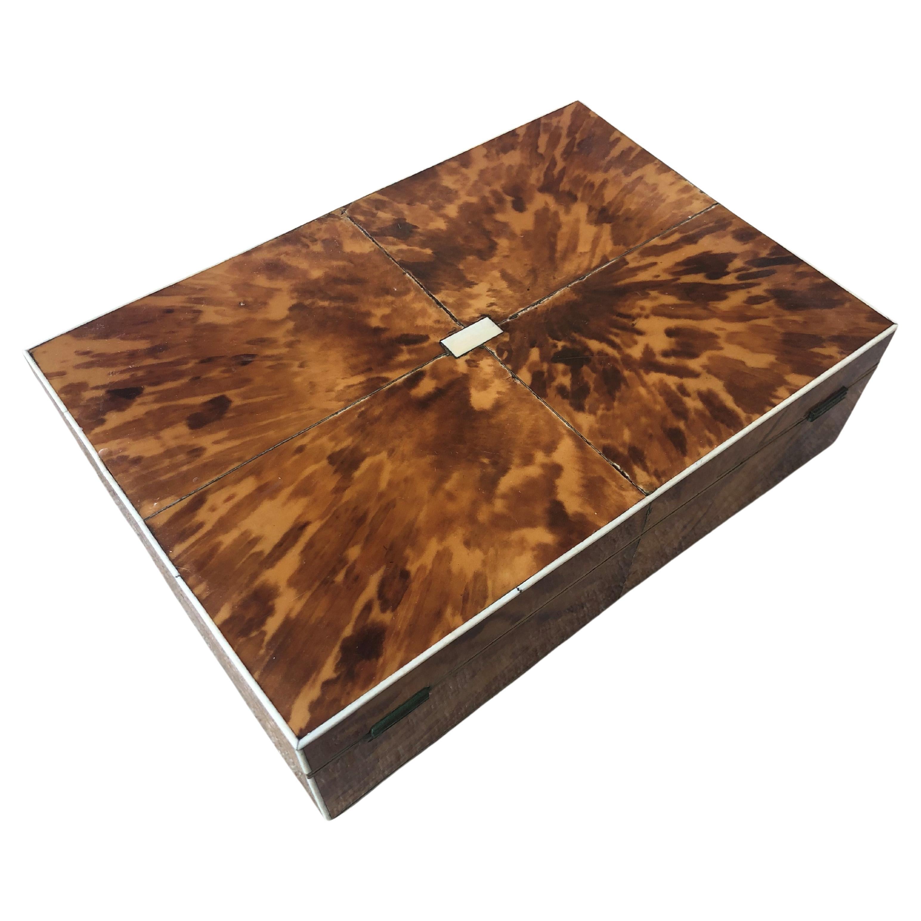 Faux Tortoise Shell British Cigar or Trinket Box W/Ivory Framing & Original Key For Sale