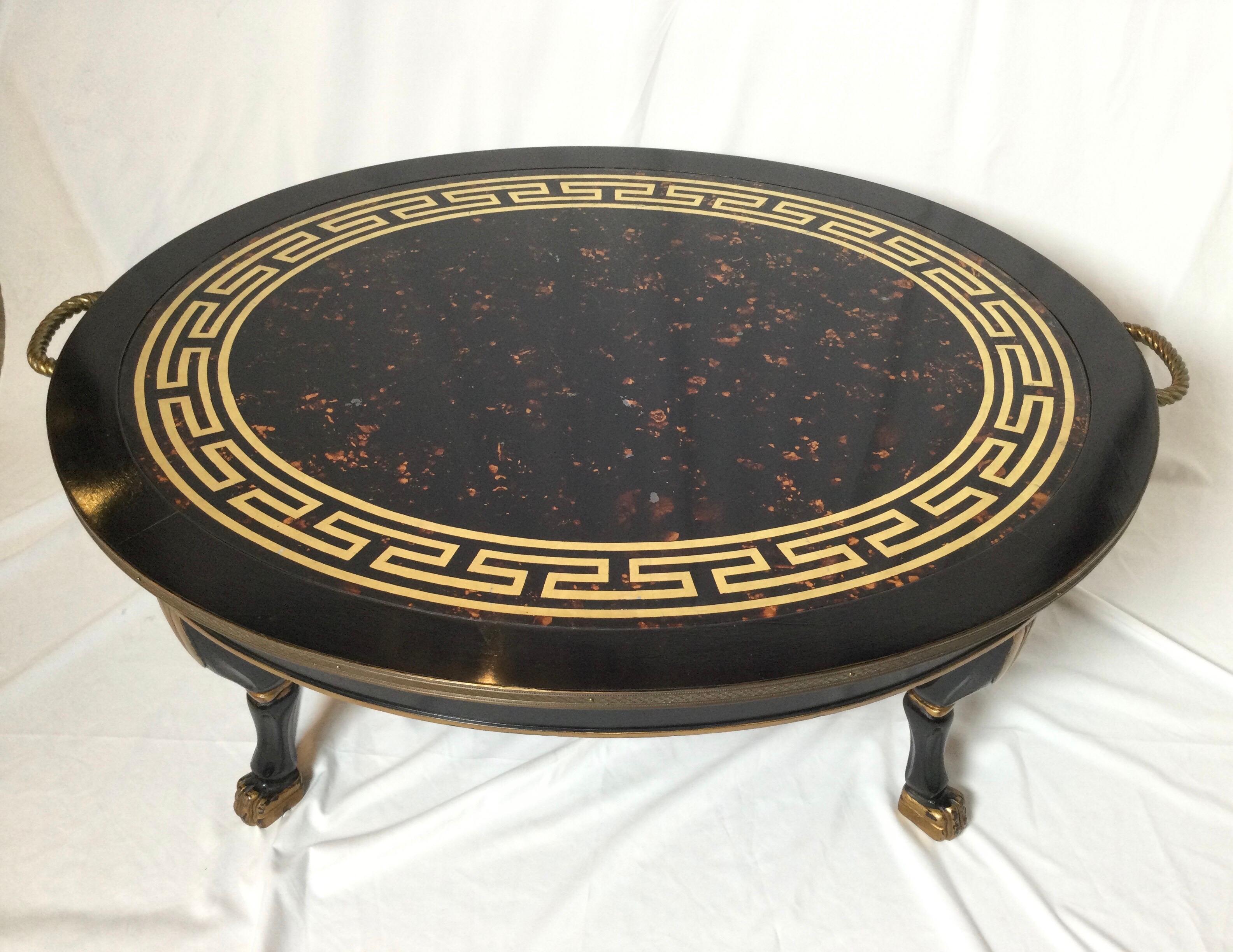 American Faux Tortoise Shell Glass Topped Neoclassical Cocktail Table For Sale