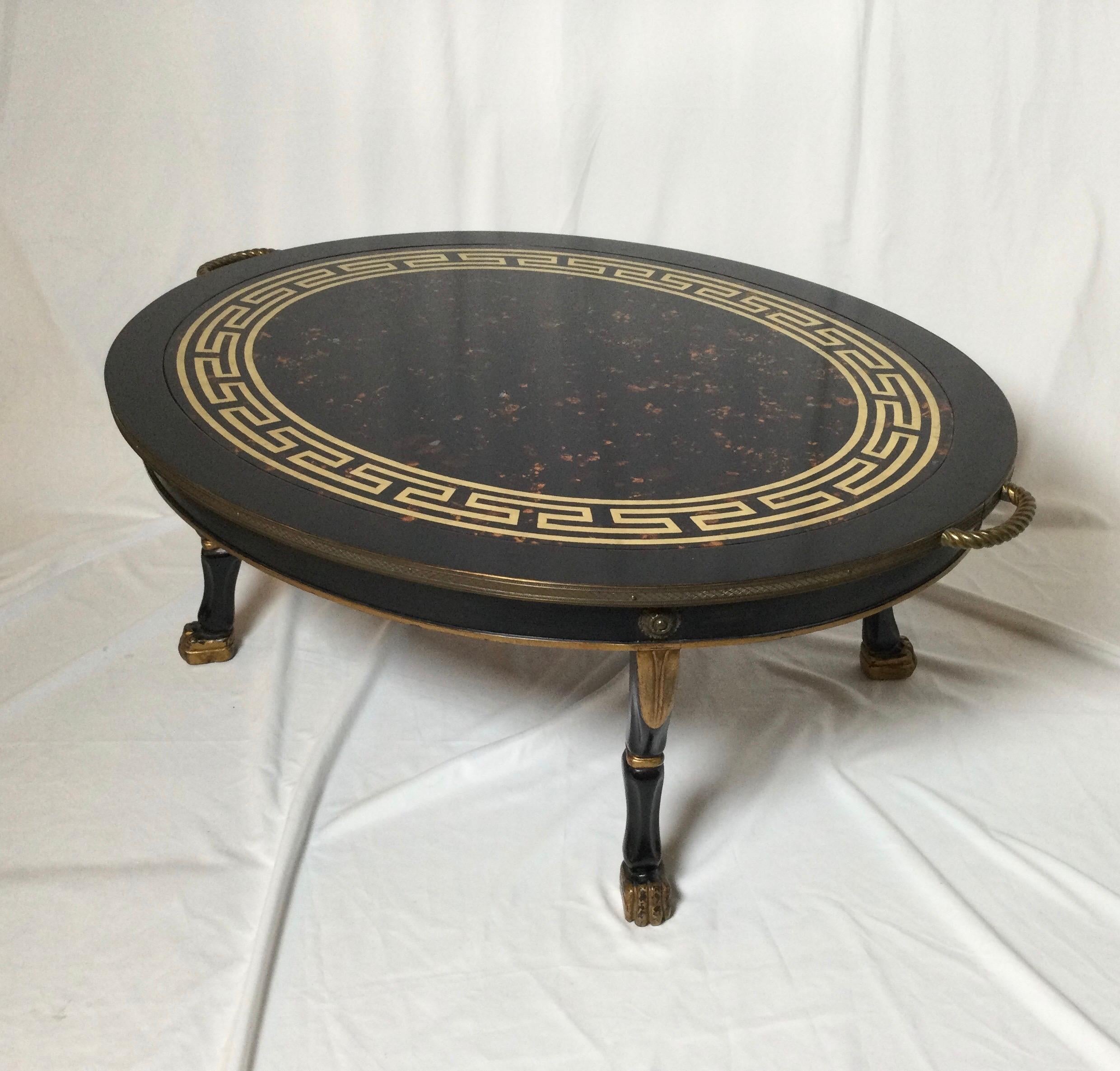 Faux Tortoise Shell Glass Topped Neoclassical Cocktail Table In Good Condition For Sale In Lambertville, NJ
