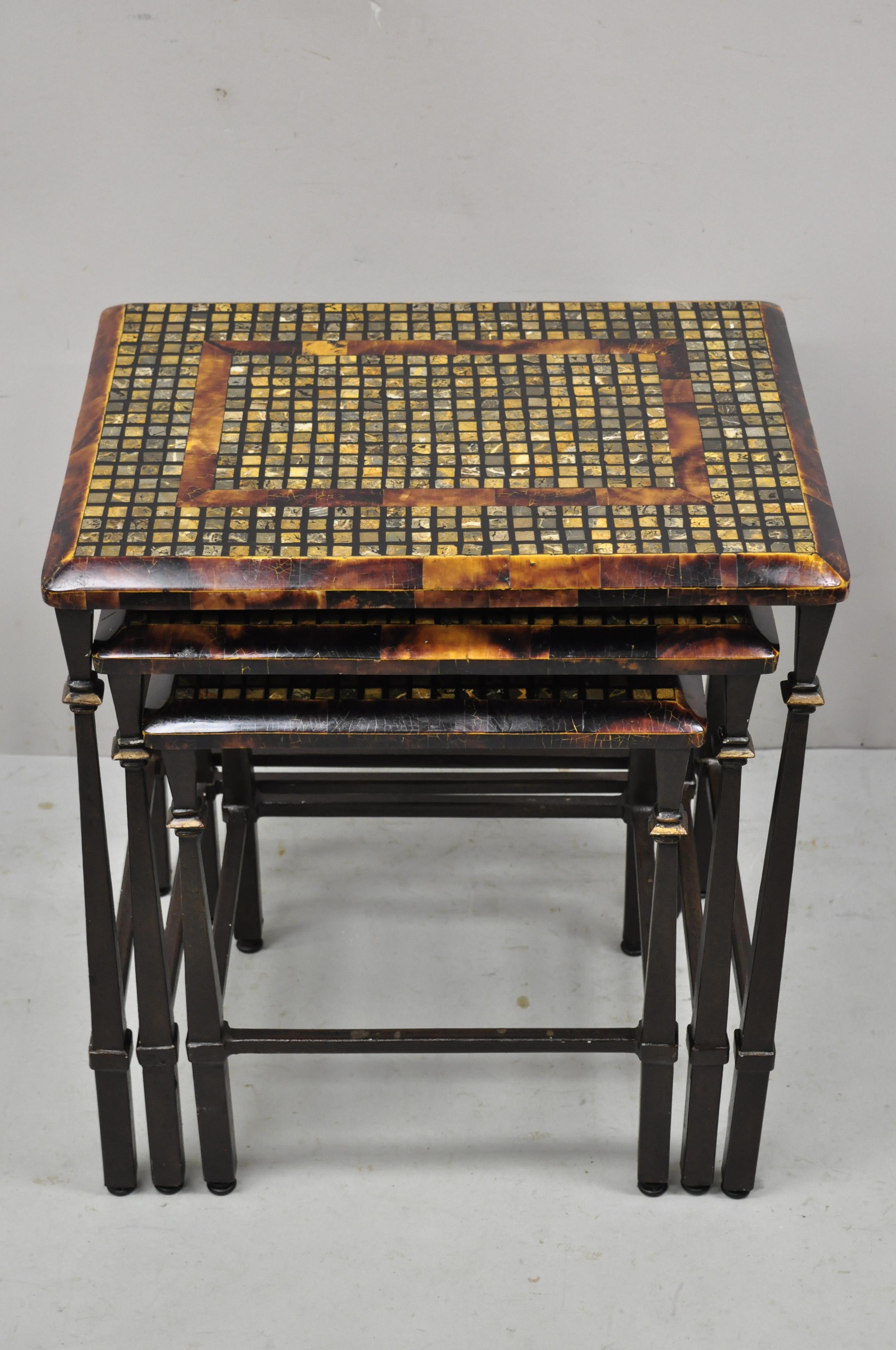 Faux Tortoise Shell Mosaic Stone Inlay Mediterranean Hooker Nesting Side Tables  1