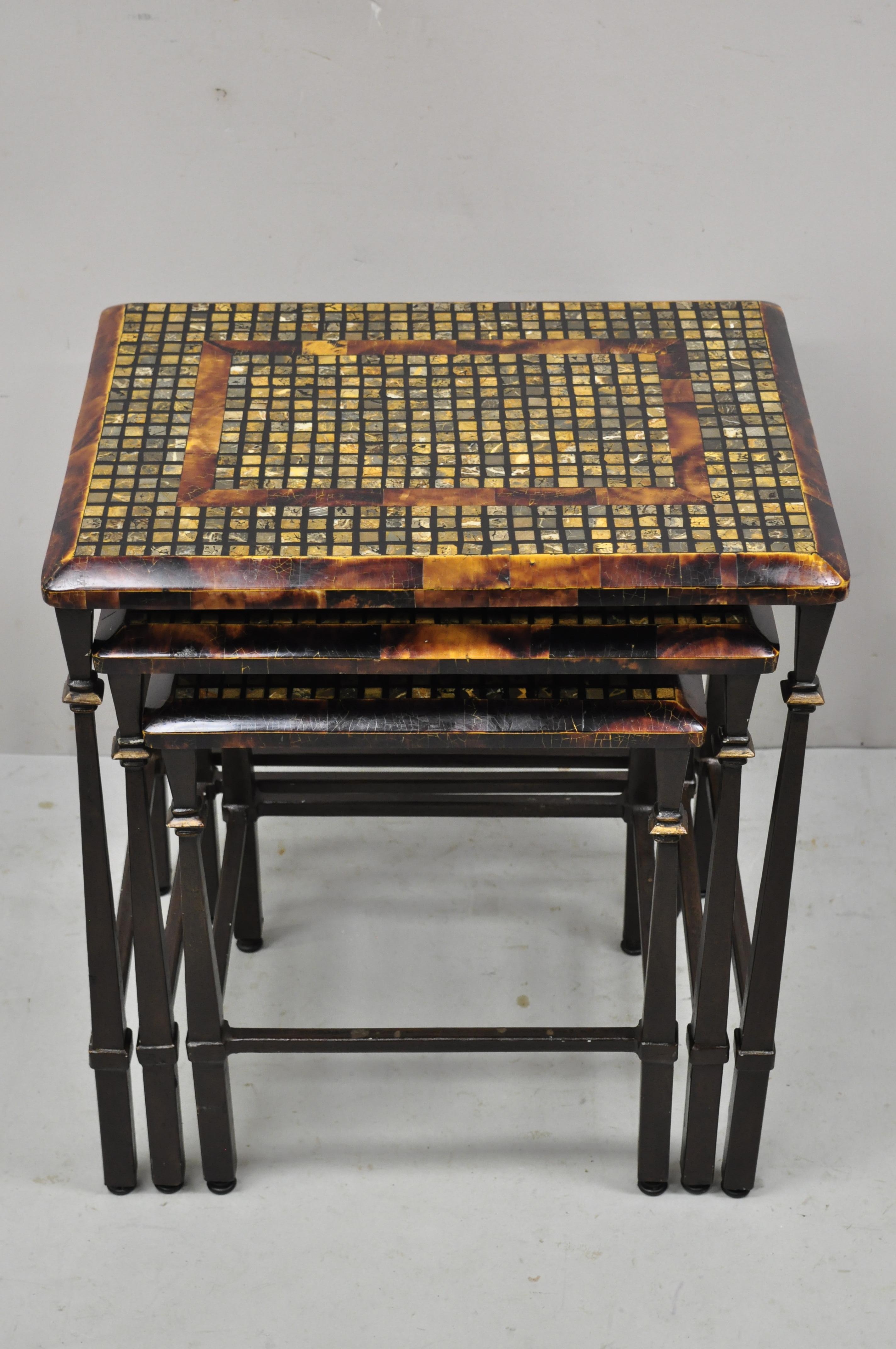 Faux Tortoise Shell Mosaic Stone Inlay Mediterranean Hooker Nesting Side Tables 1