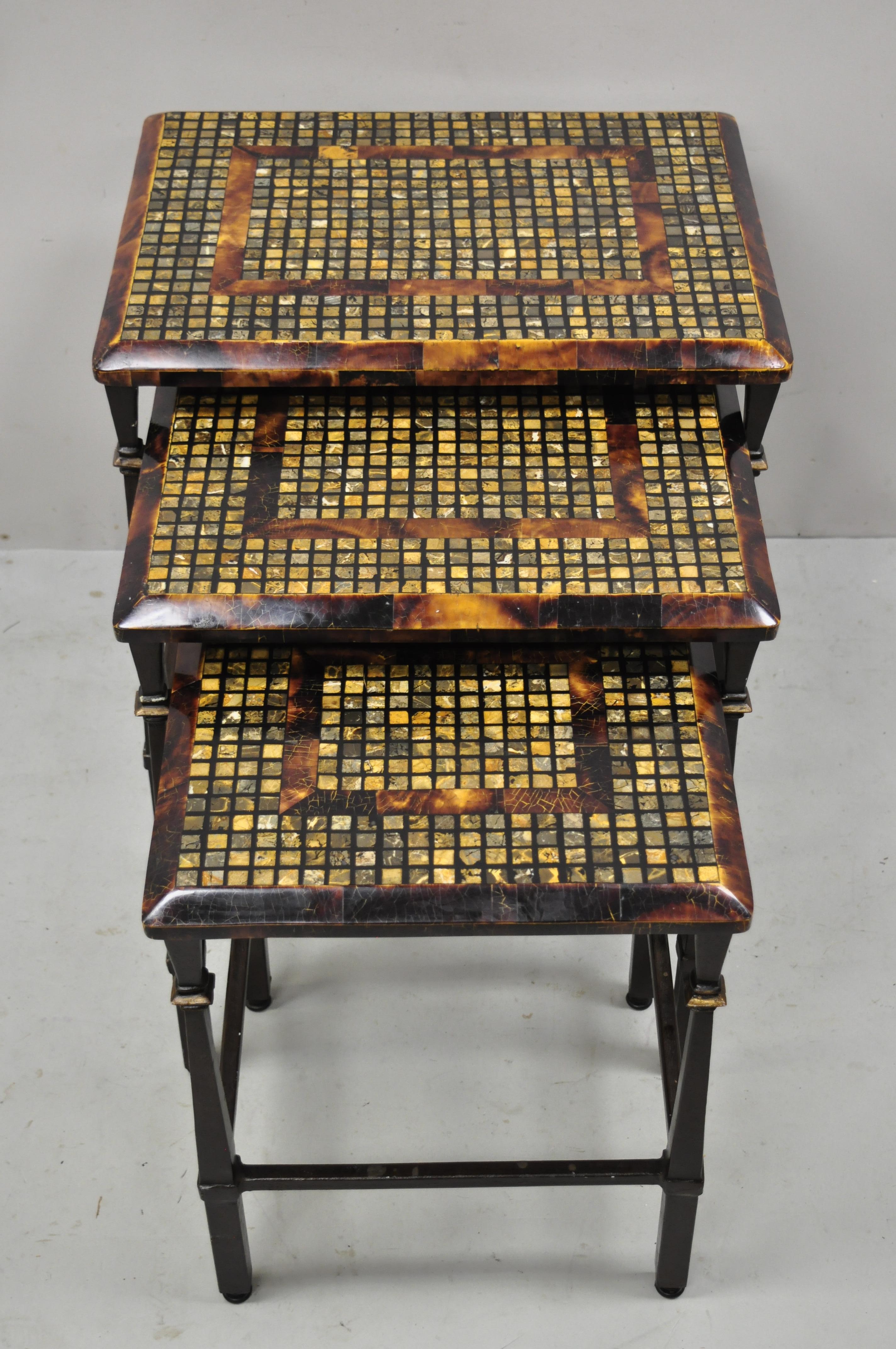 Faux tortoise shell mosaic stone inlay Mediterranean style nesting side tables by Hooker Furniture. Set includes 3 graduating size tables, faux tortoise shell and mosaic stone inlay tops, metal bases, original label, great style and form. Circa