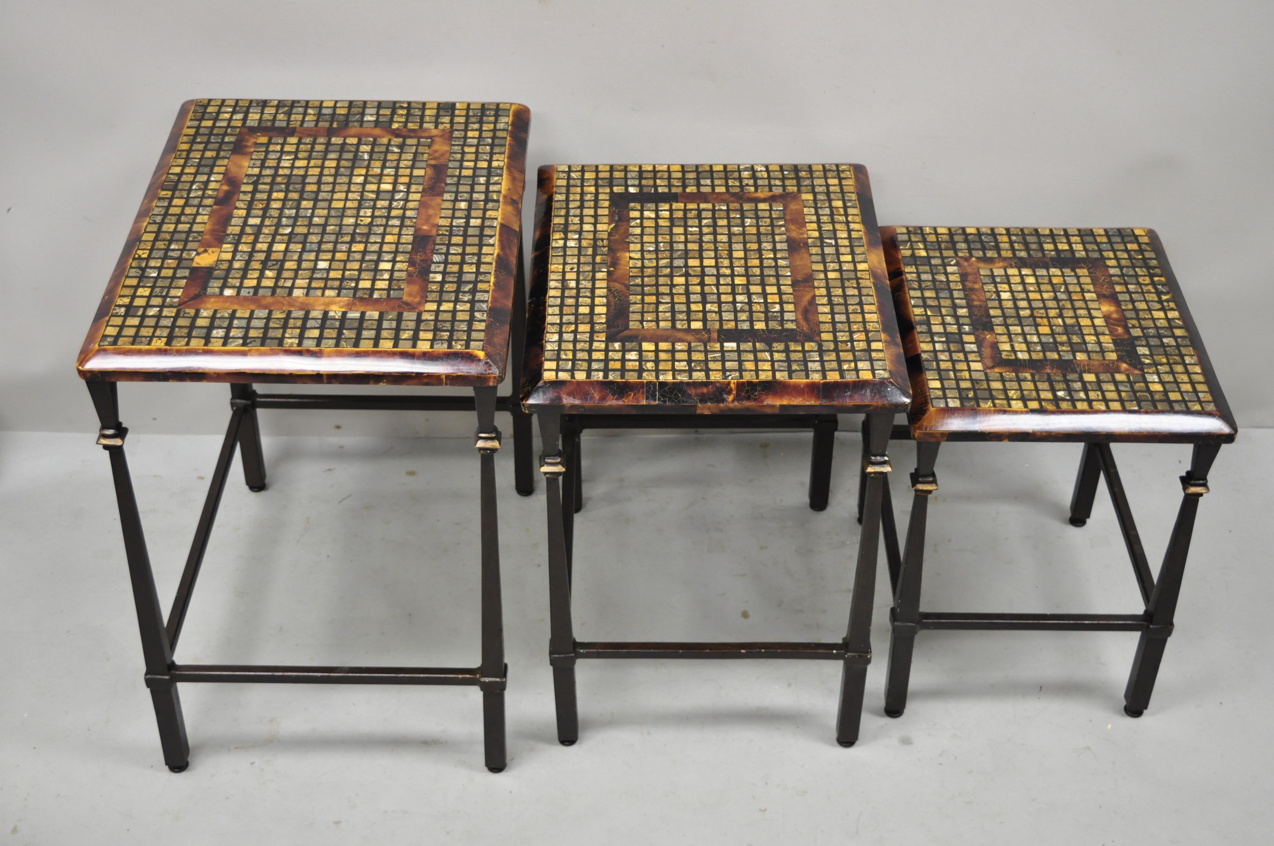 Philippine Faux Tortoise Shell Mosaic Stone Inlay Mediterranean Hooker Nesting Side Tables 