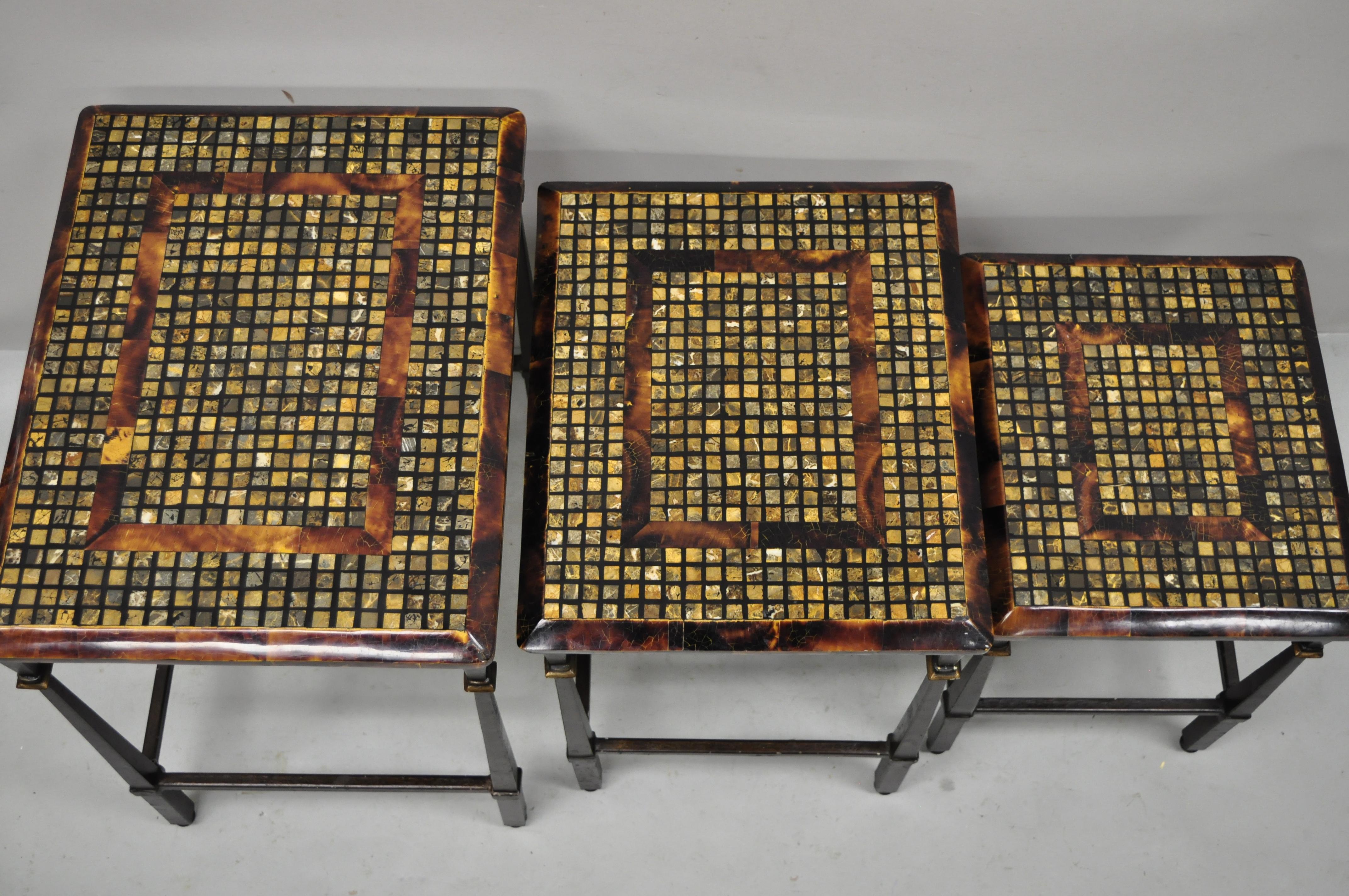 Faux Tortoise Shell Mosaic Stone Inlay Mediterranean Hooker Nesting Side Tables  In Good Condition In Philadelphia, PA