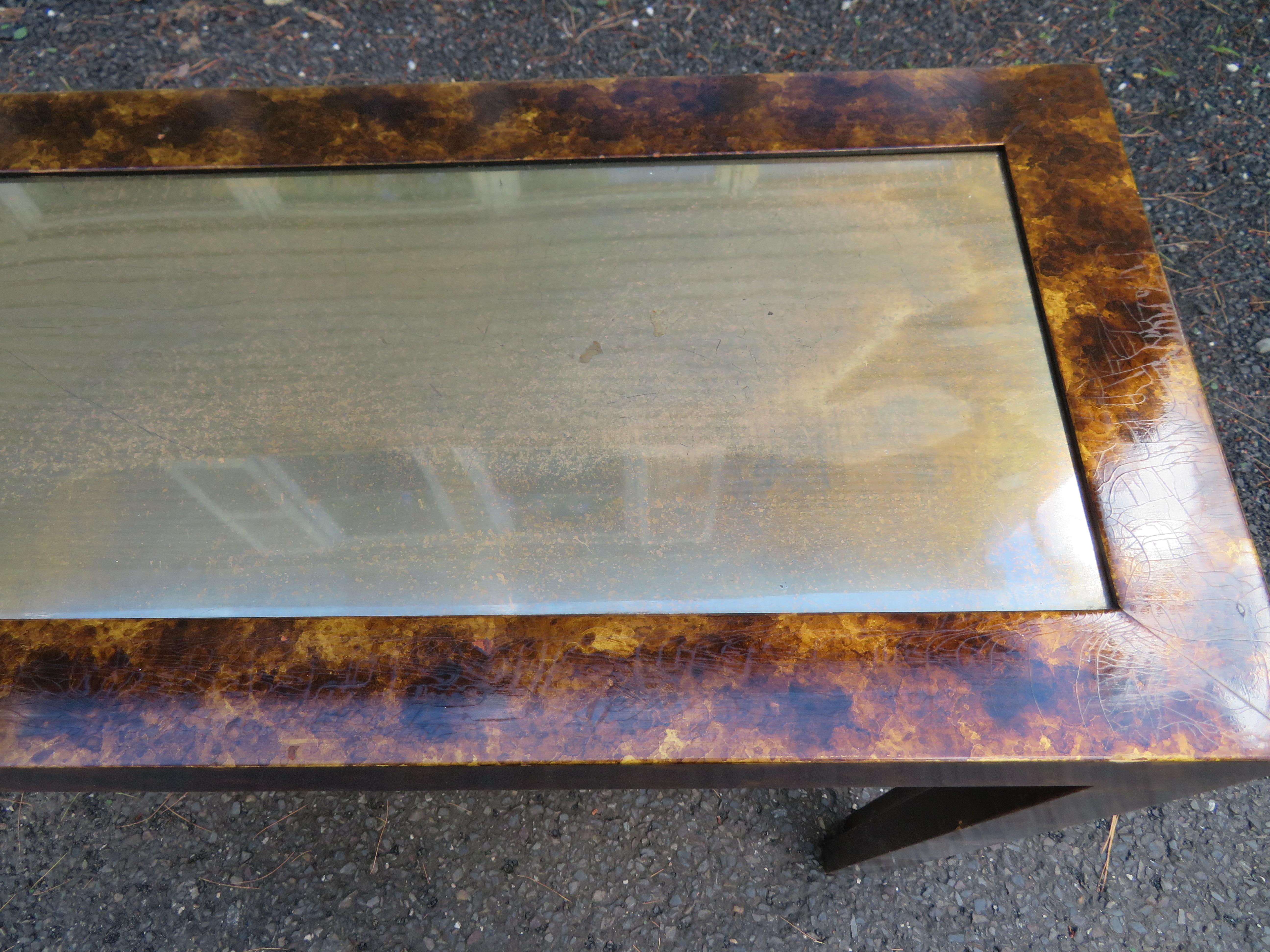 Mid-Century Modern Faux Tortoise Shell Patinated Brass Top Parsons Style Console Sofa Table For Sale