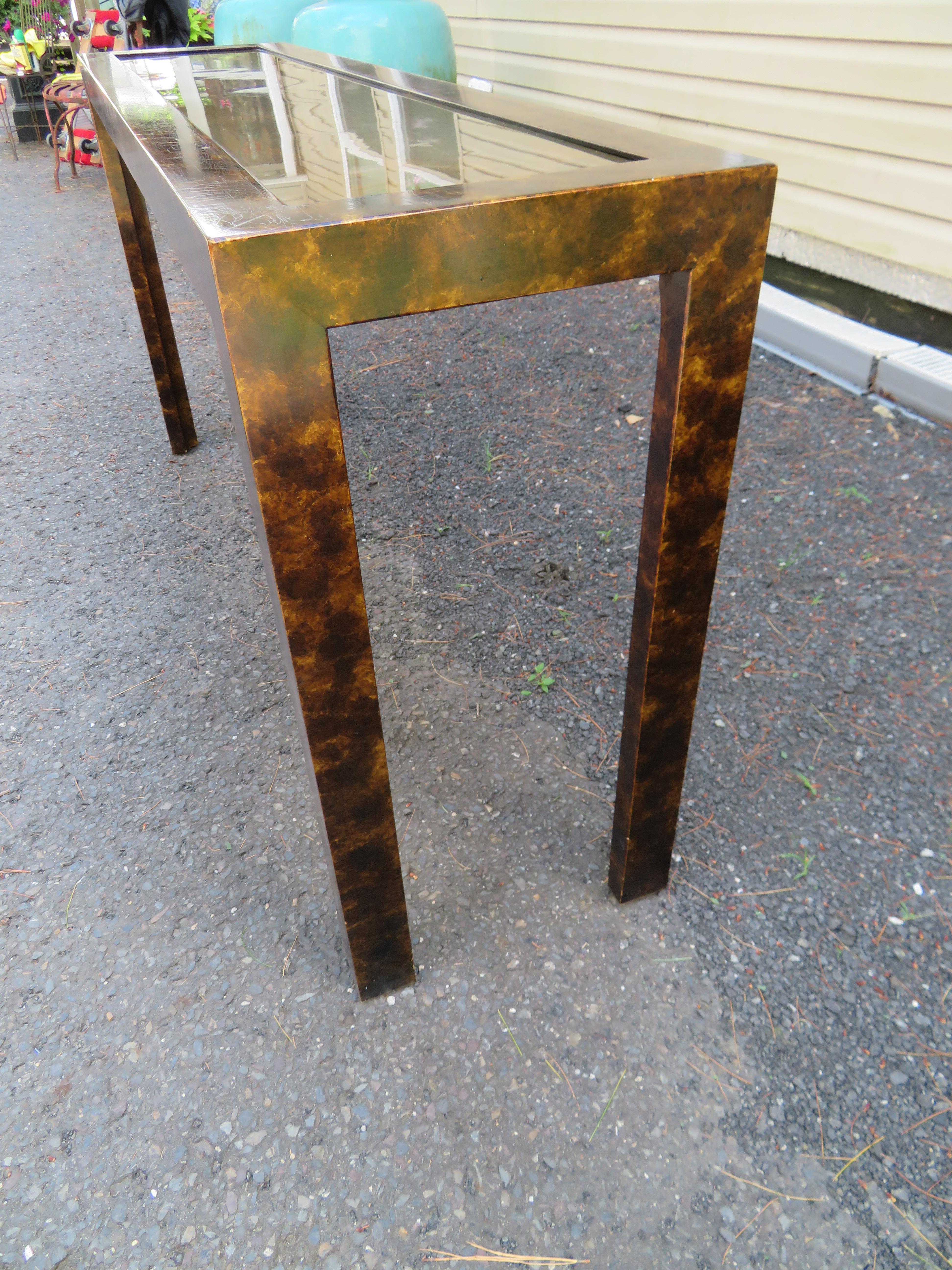 American Faux Tortoise Shell Patinated Brass Top Parsons Style Console Sofa Table For Sale
