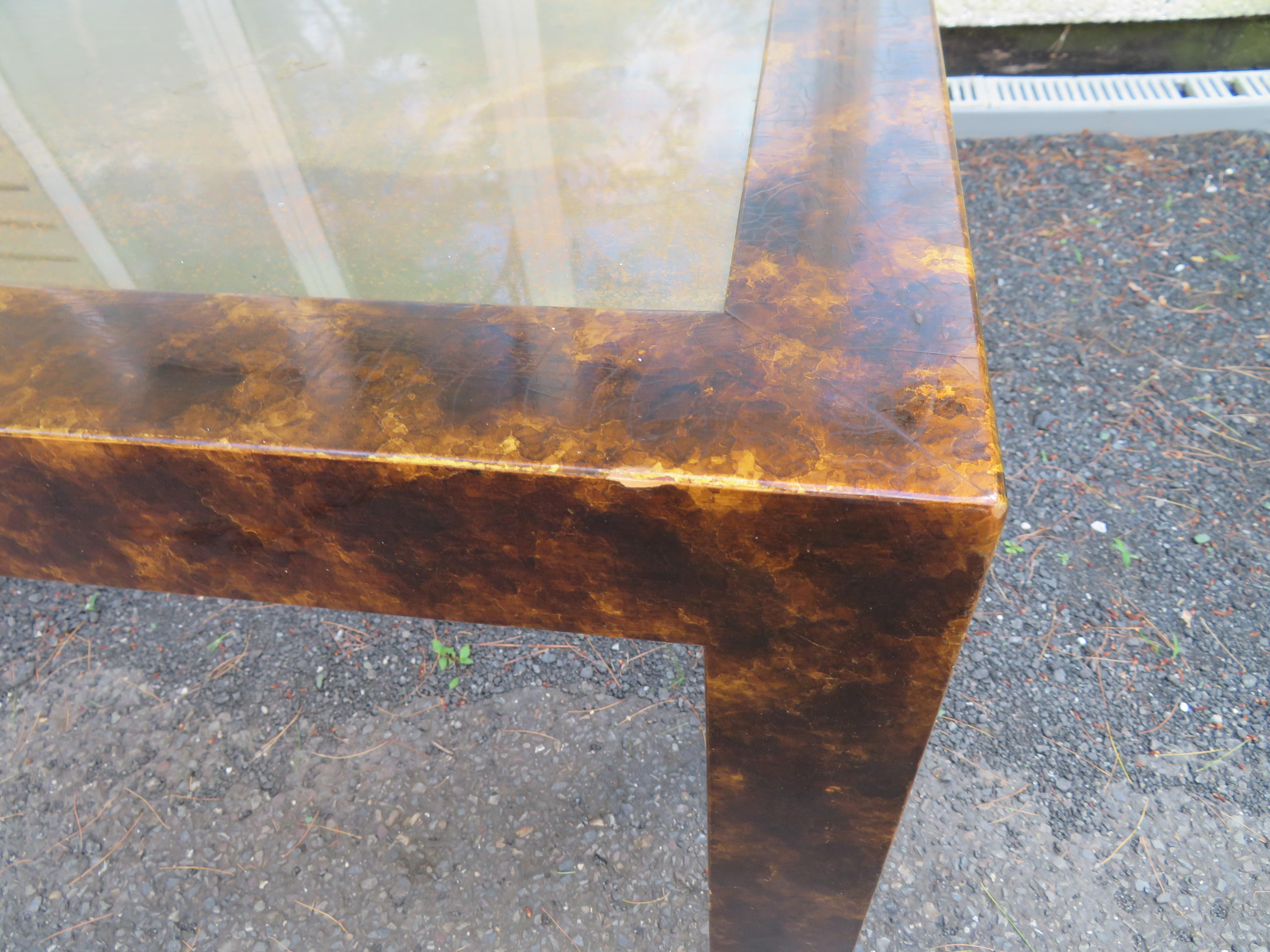 Faux Tortoise Shell Patinated Brass Top Parsons Style Console Sofa Table In Good Condition For Sale In Pemberton, NJ
