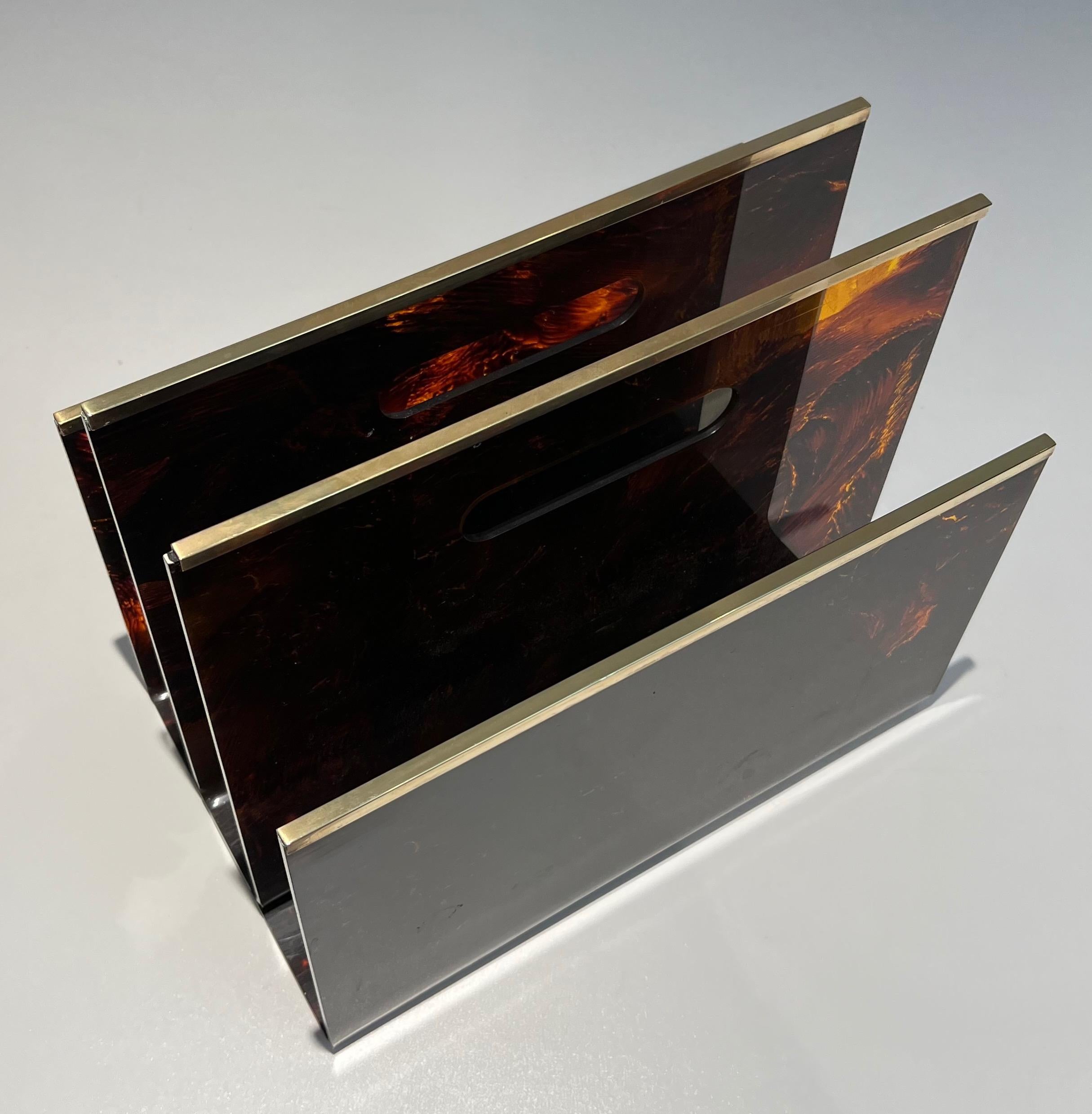 Faux-Tortoise Shell Plexiglass and Brass Magazine Rack For Sale 3