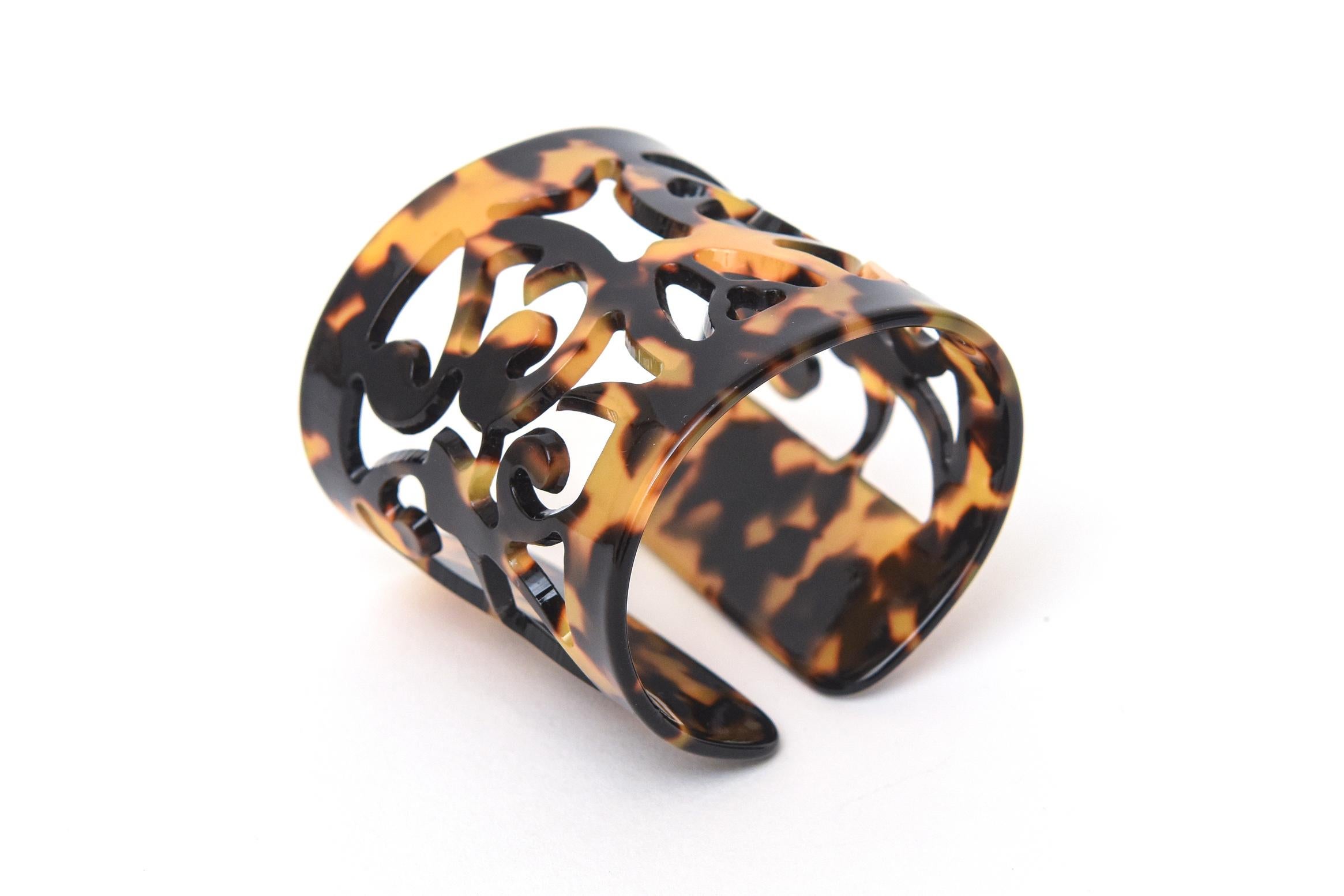 Faux Tortoise Shell Resin Wide Cuff Cut Out Bracelet For Sale 2