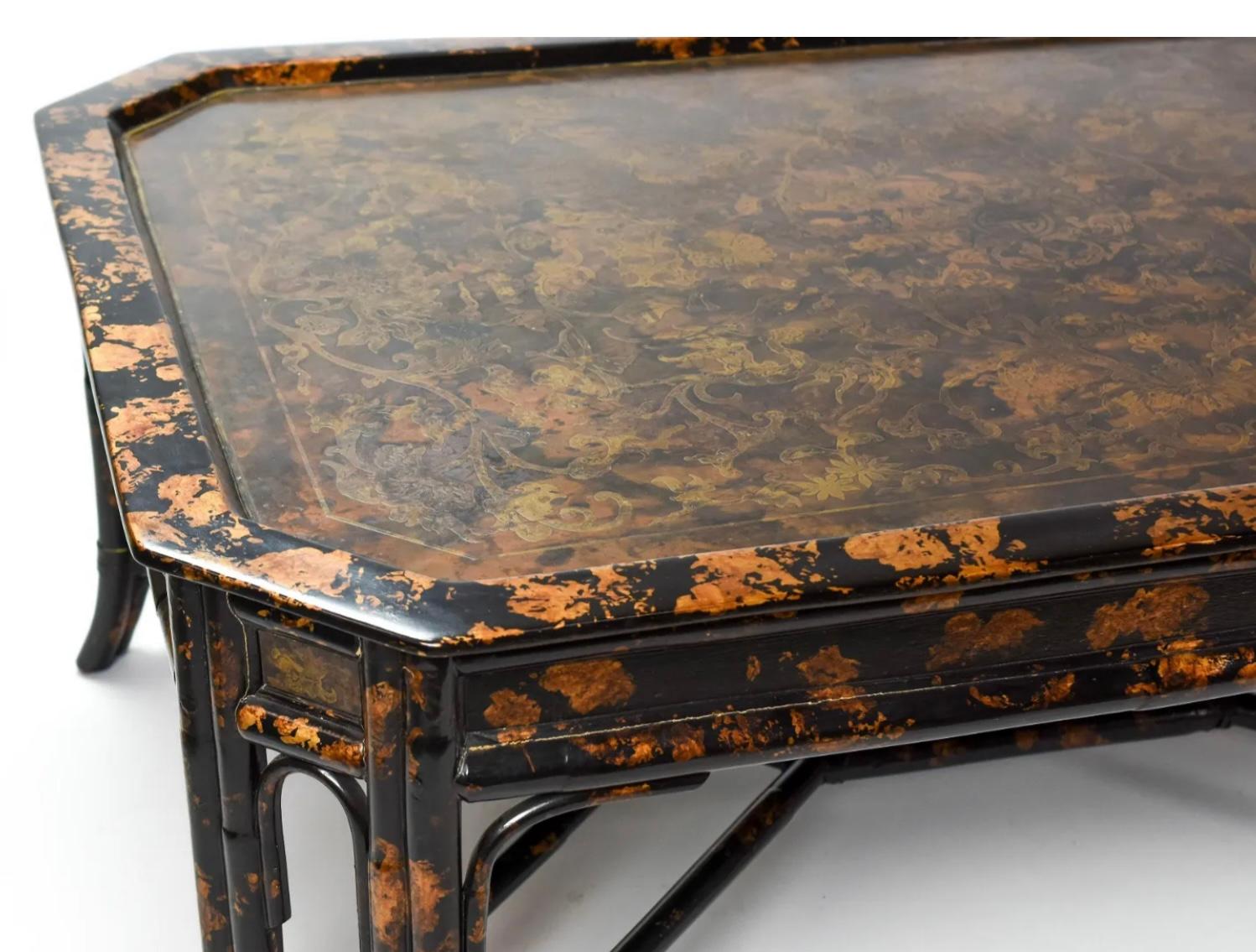 Regency Faux Tortoise Tray Table Form Rattan / Bamboo Coffee Table Att. Maitland-Smith