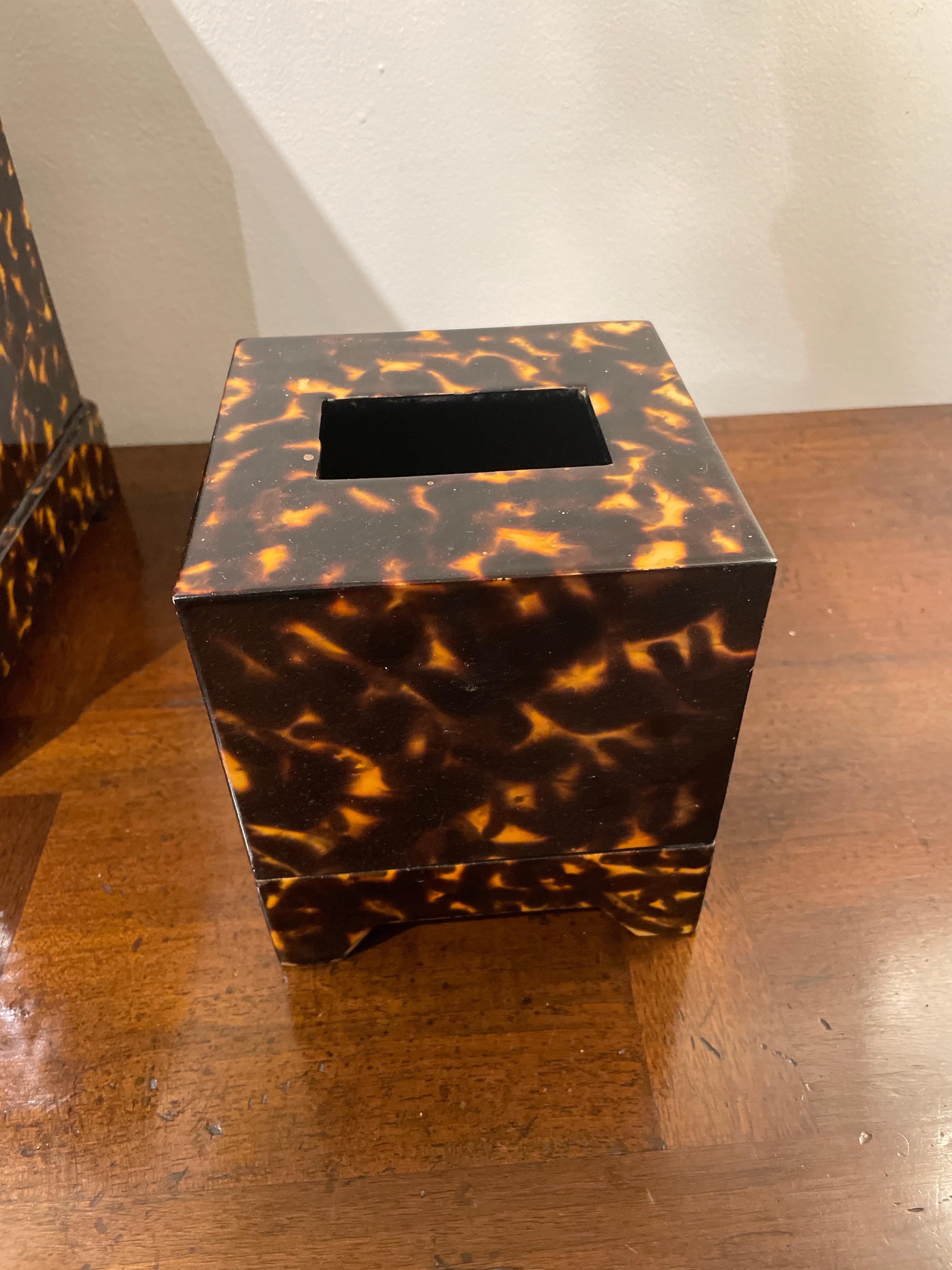 Wood Faux Tortoise Waste Basket & Tissue Box For Sale