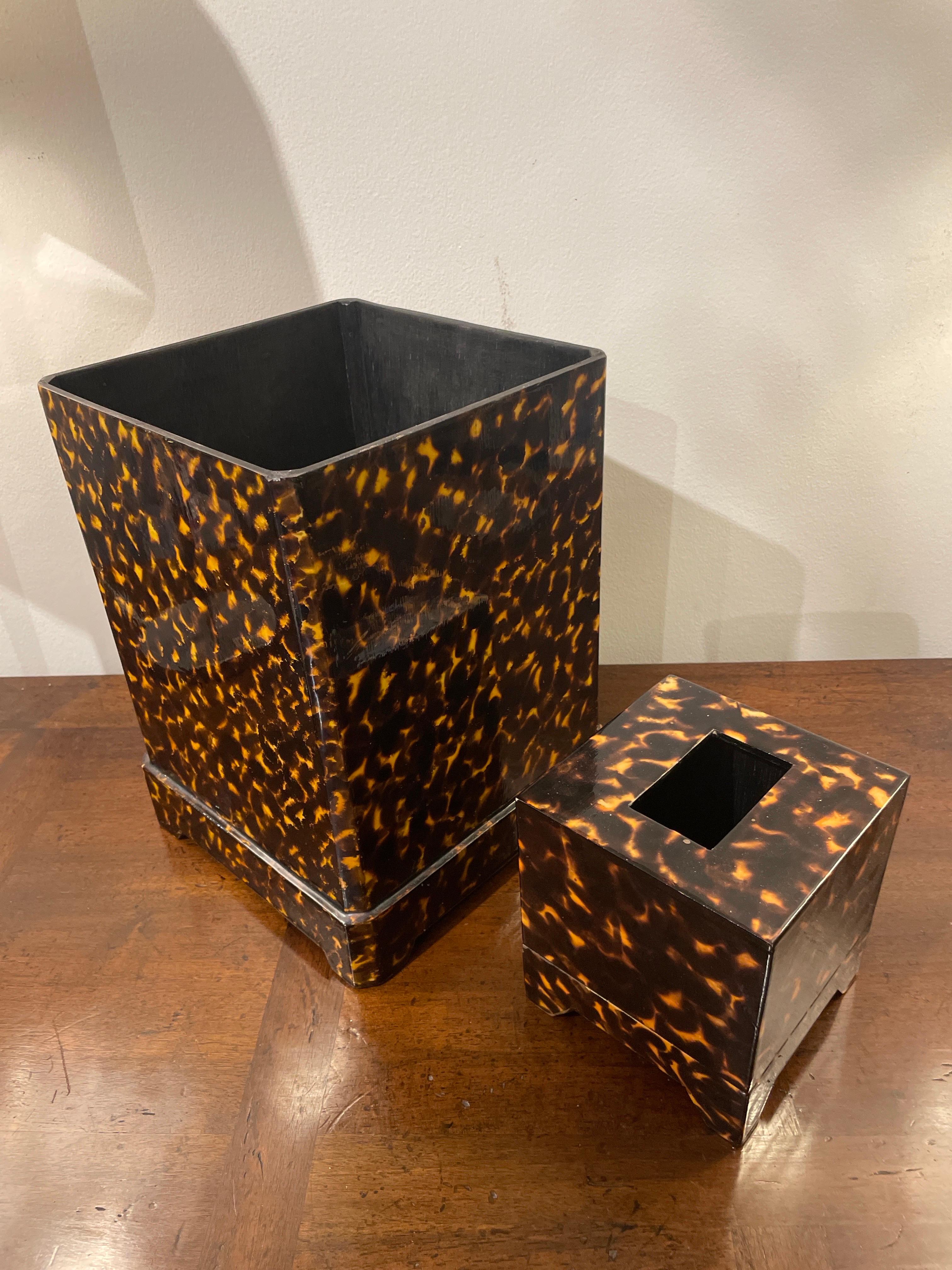 Faux Tortoise Waste Basket & Tissue Box For Sale 3