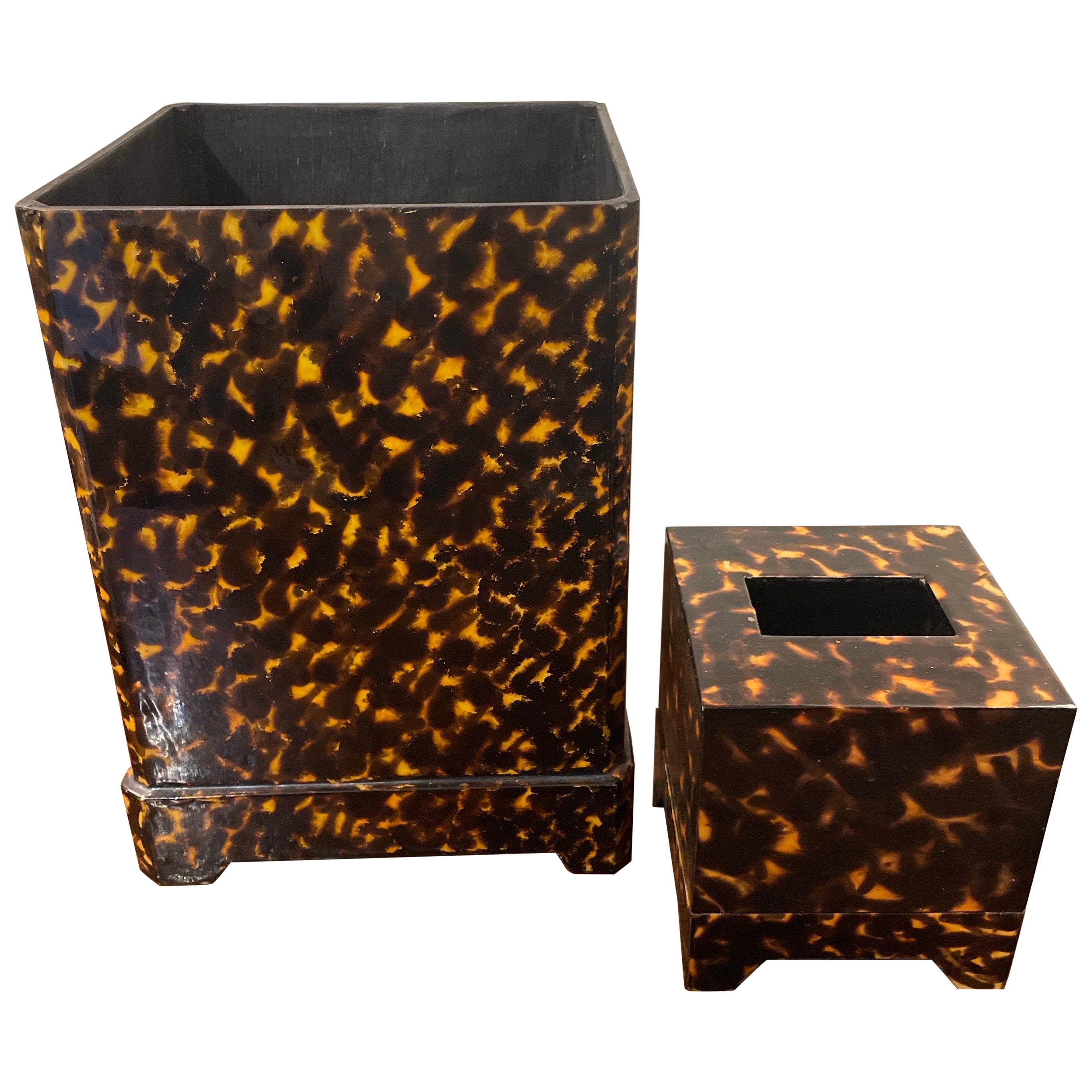 Faux Tortoise Waste Basket & Tissue Box For Sale