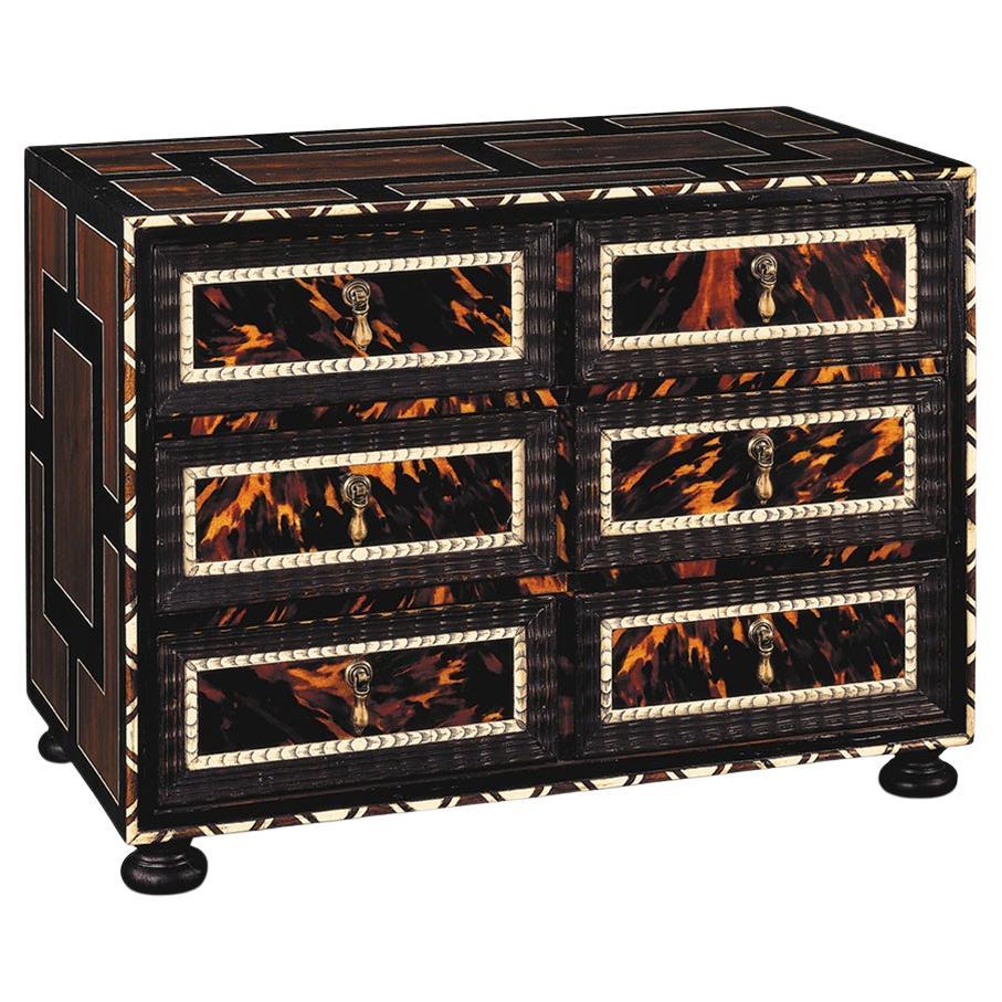 Faux Tortoiseshell Cabinet with Bone and Wood Geometric Shapes Inlays, 6 Drawers For Sale